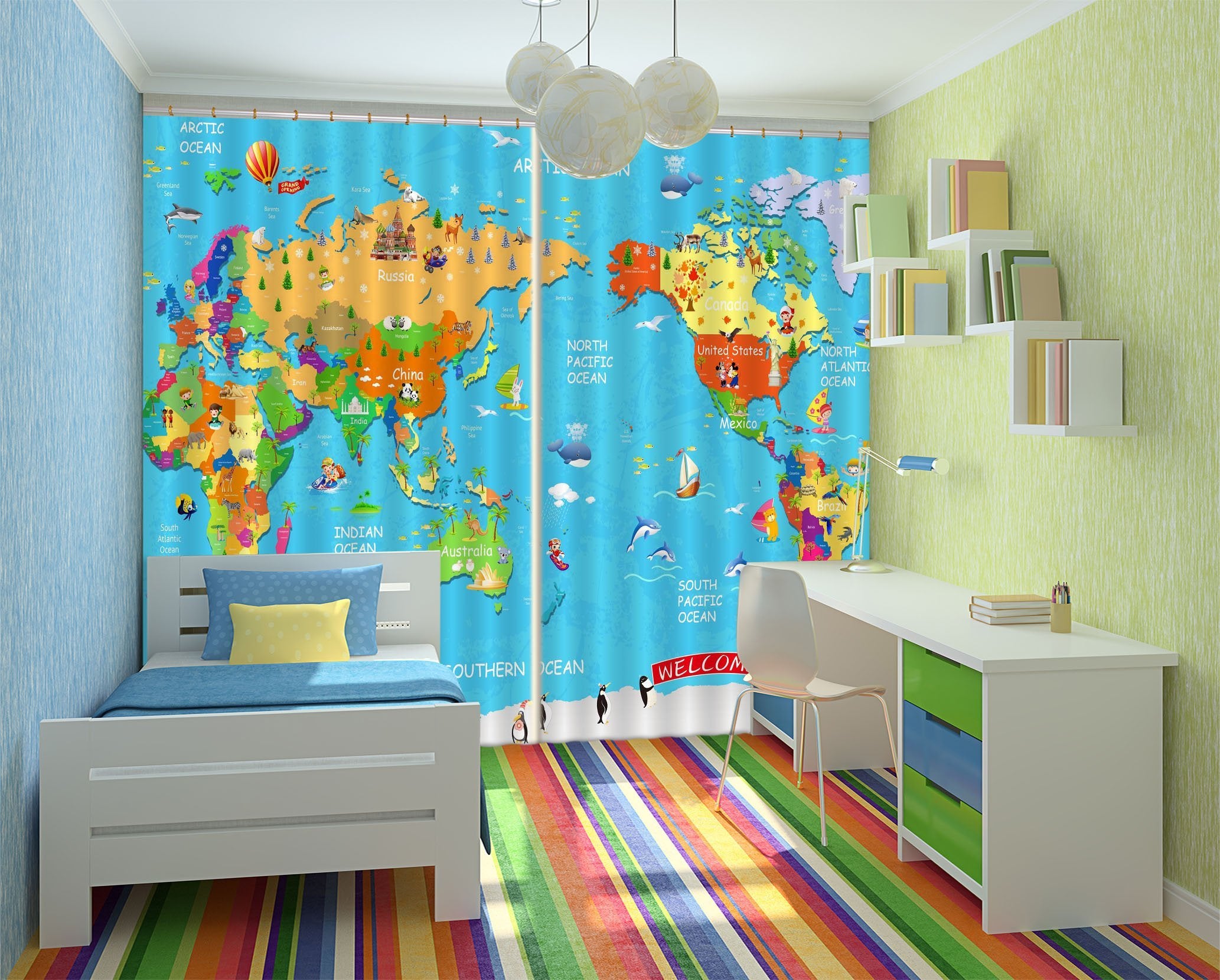 3D Bright World Map 2307 Curtains Drapes Wallpaper AJ Wallpaper 