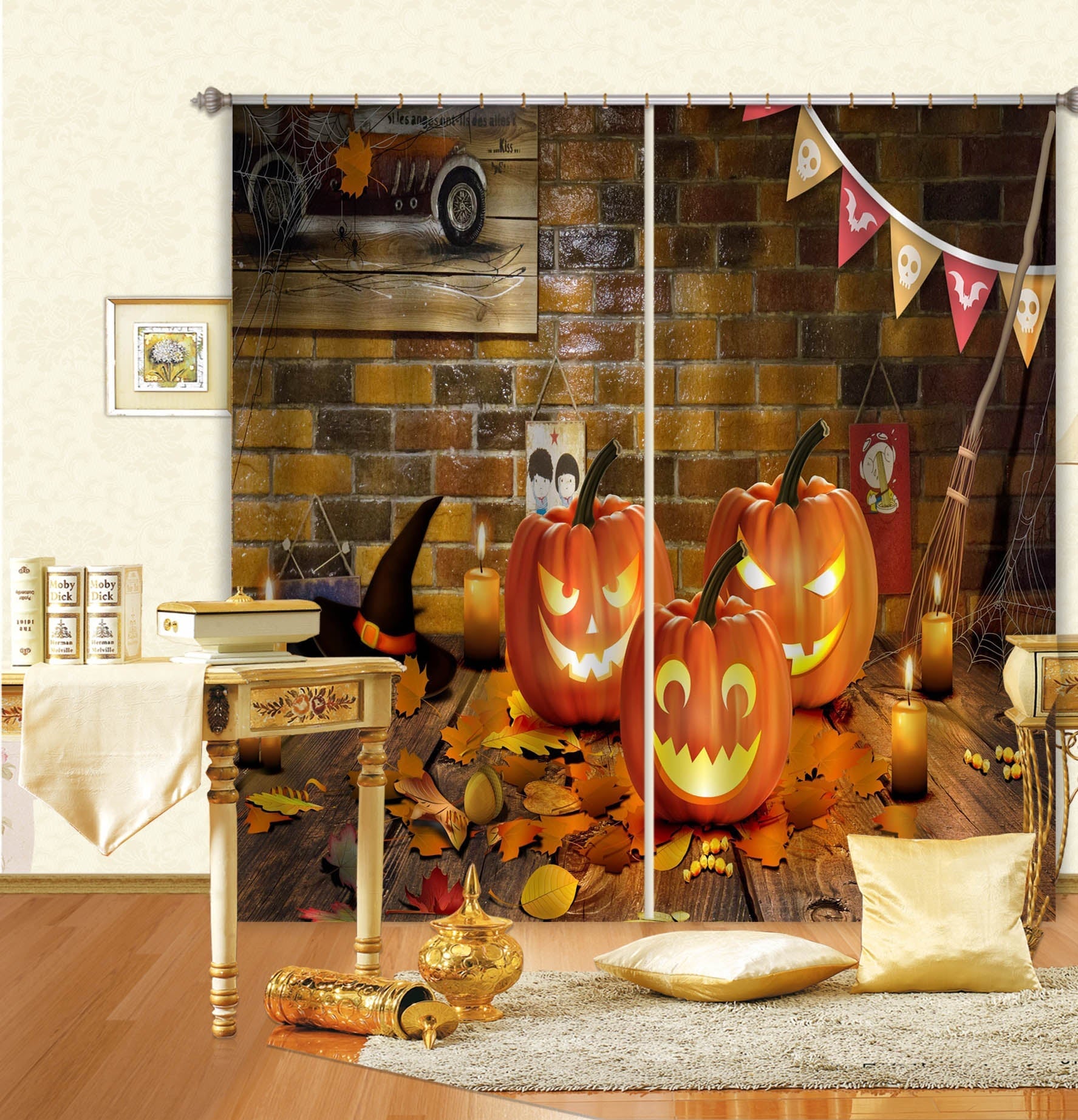 3D Candle Pumpkin 022 Halloween Curtains Drapes Curtains AJ Creativity Home 
