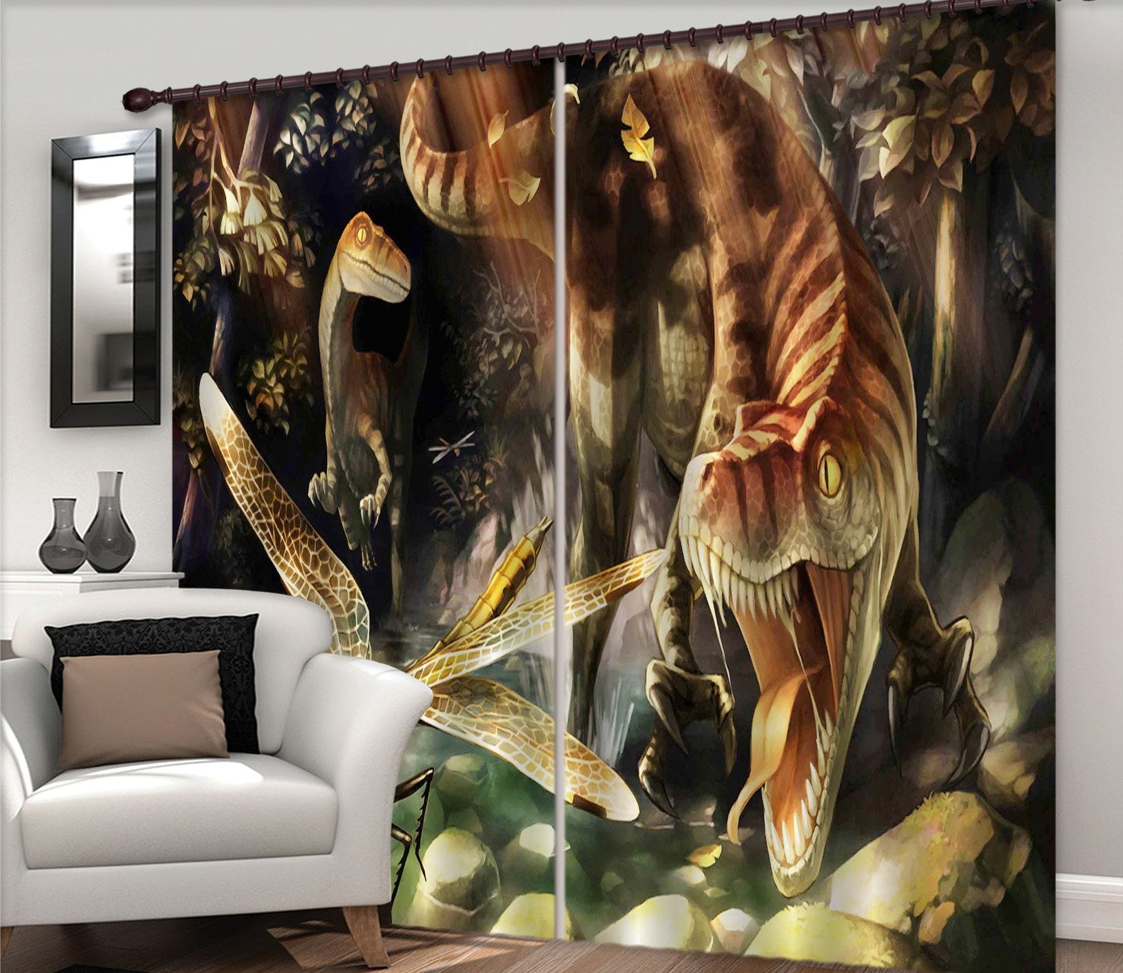 3D Tyrannosaurus Dragonfly 171 Curtains Drapes Curtains AJ Creativity Home 