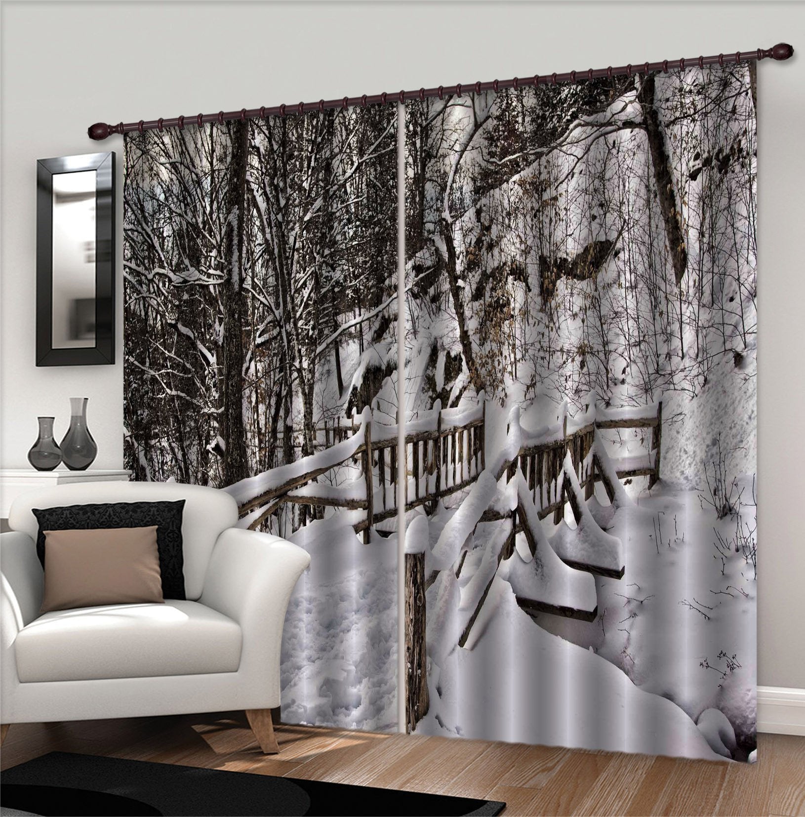 3D Snow Covered Forest Bridge 673 Curtains Drapes Wallpaper AJ Wallpaper 