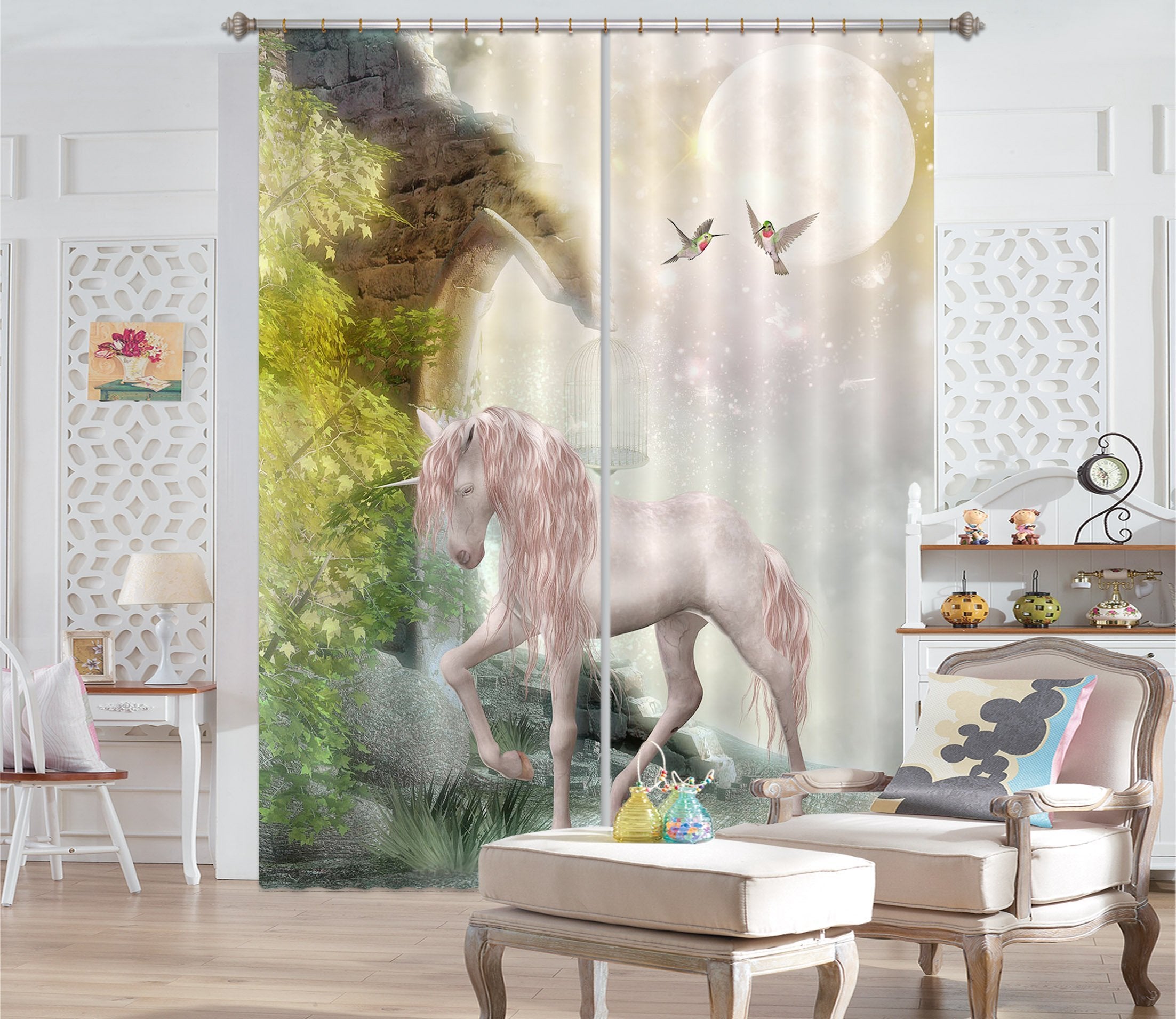3D Moon Bird Cage Unicorns 093 Curtains Drapes Curtains AJ Creativity Home 
