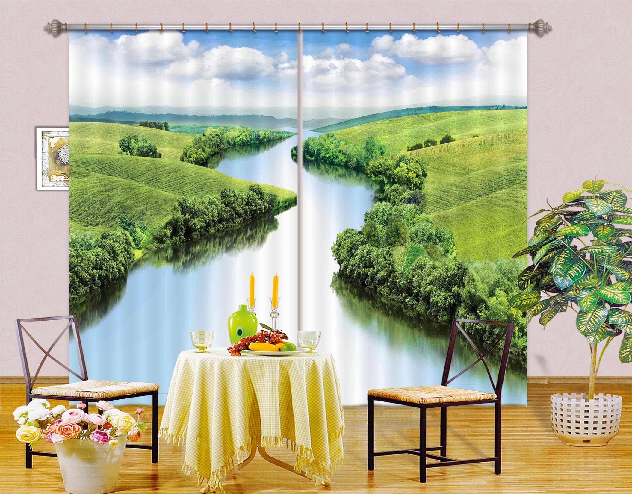 3D Forest River 105 Curtains Drapes