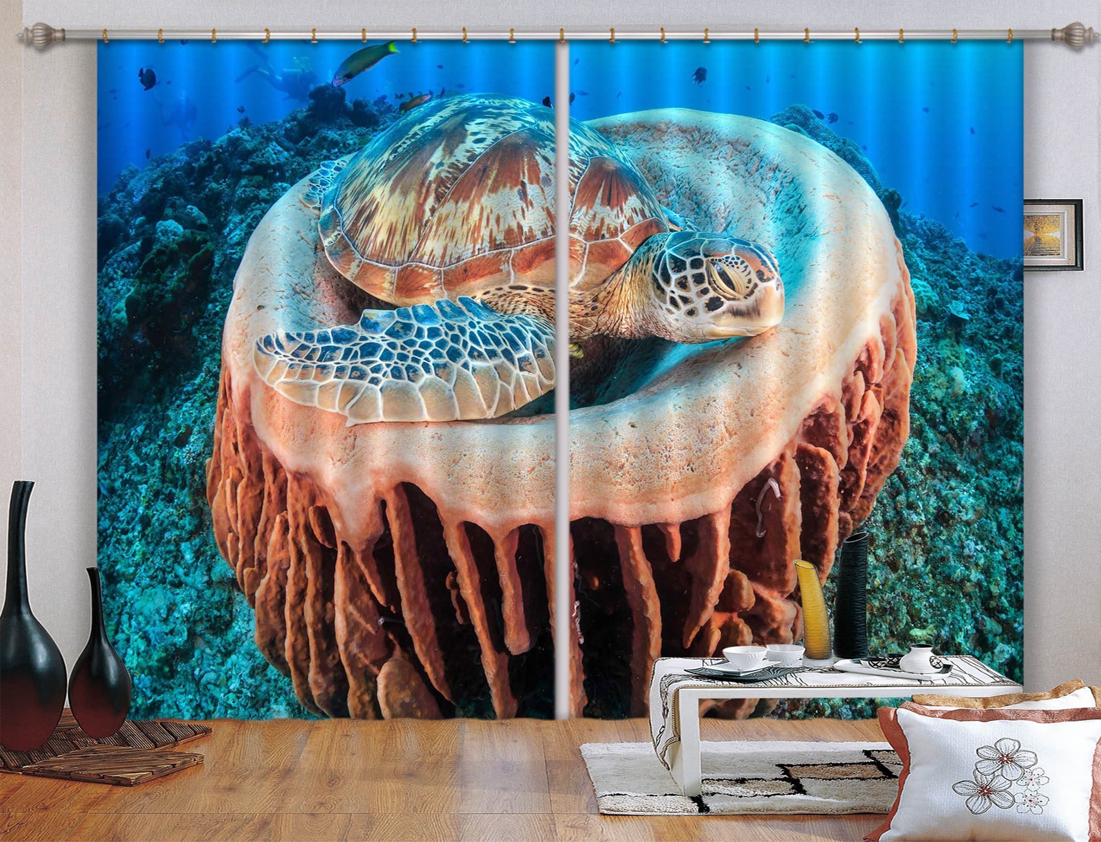 3D Seabed Resting Turtle 129 Curtains Drapes Wallpaper AJ Wallpaper 