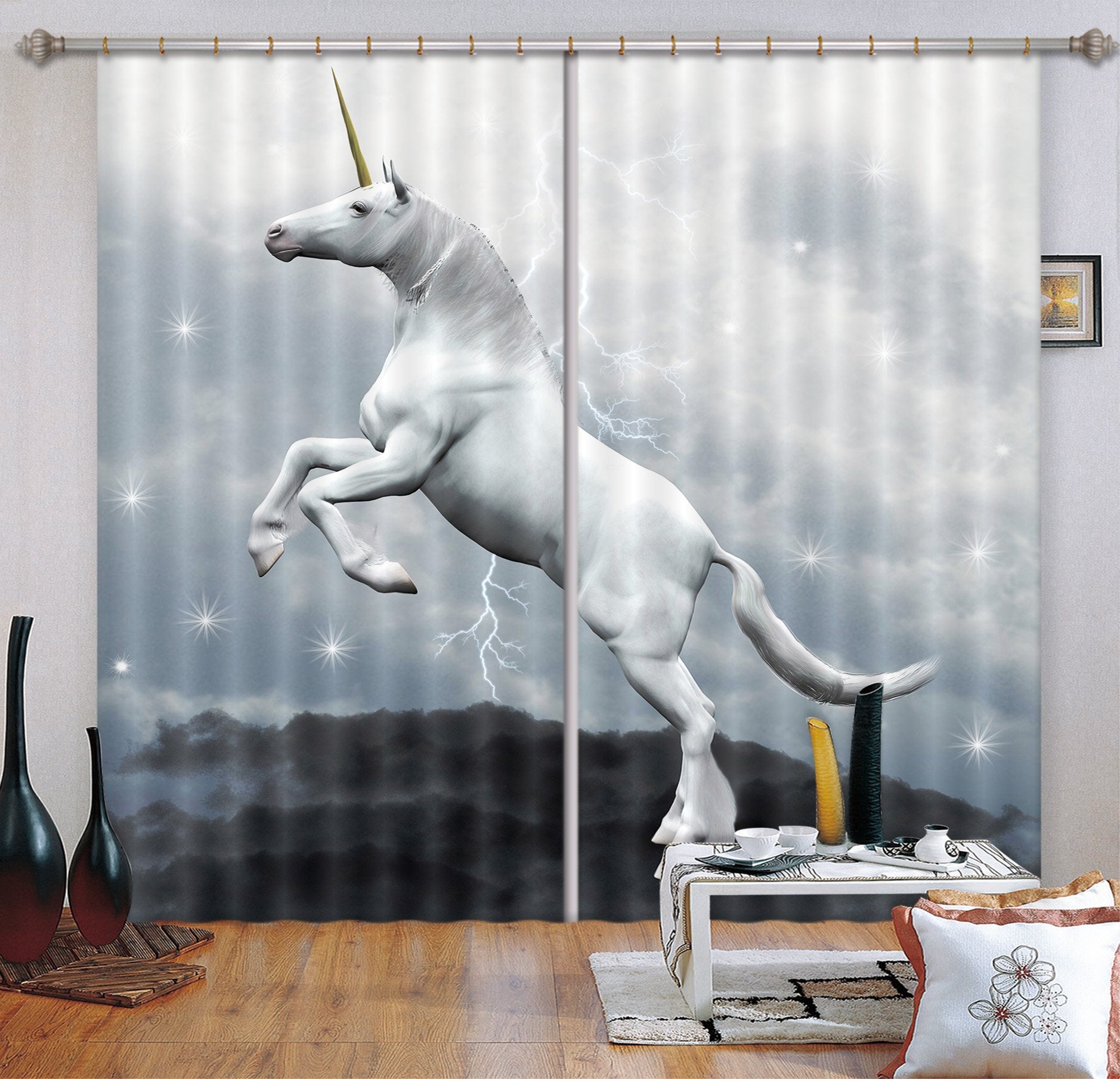 3D Lightning Jump Unicorns 089 Curtains Drapes Curtains AJ Creativity Home 