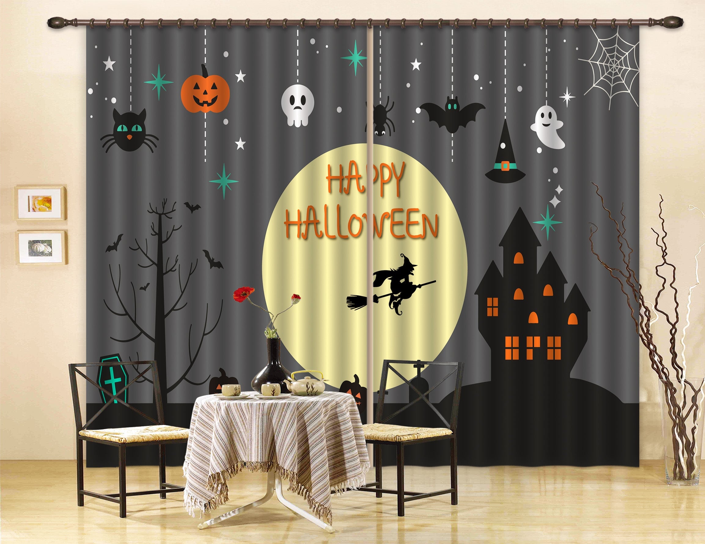 3D Skull Spider Witch 756 Halloween Curtains Drapes Curtains AJ Creativity Home 