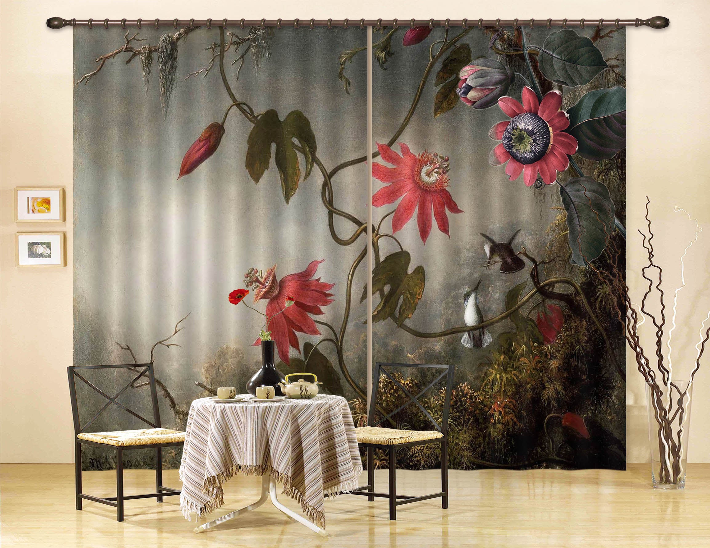 3D Red Flowers Bird 198 Uta Naumann Curtain Curtains Drapes