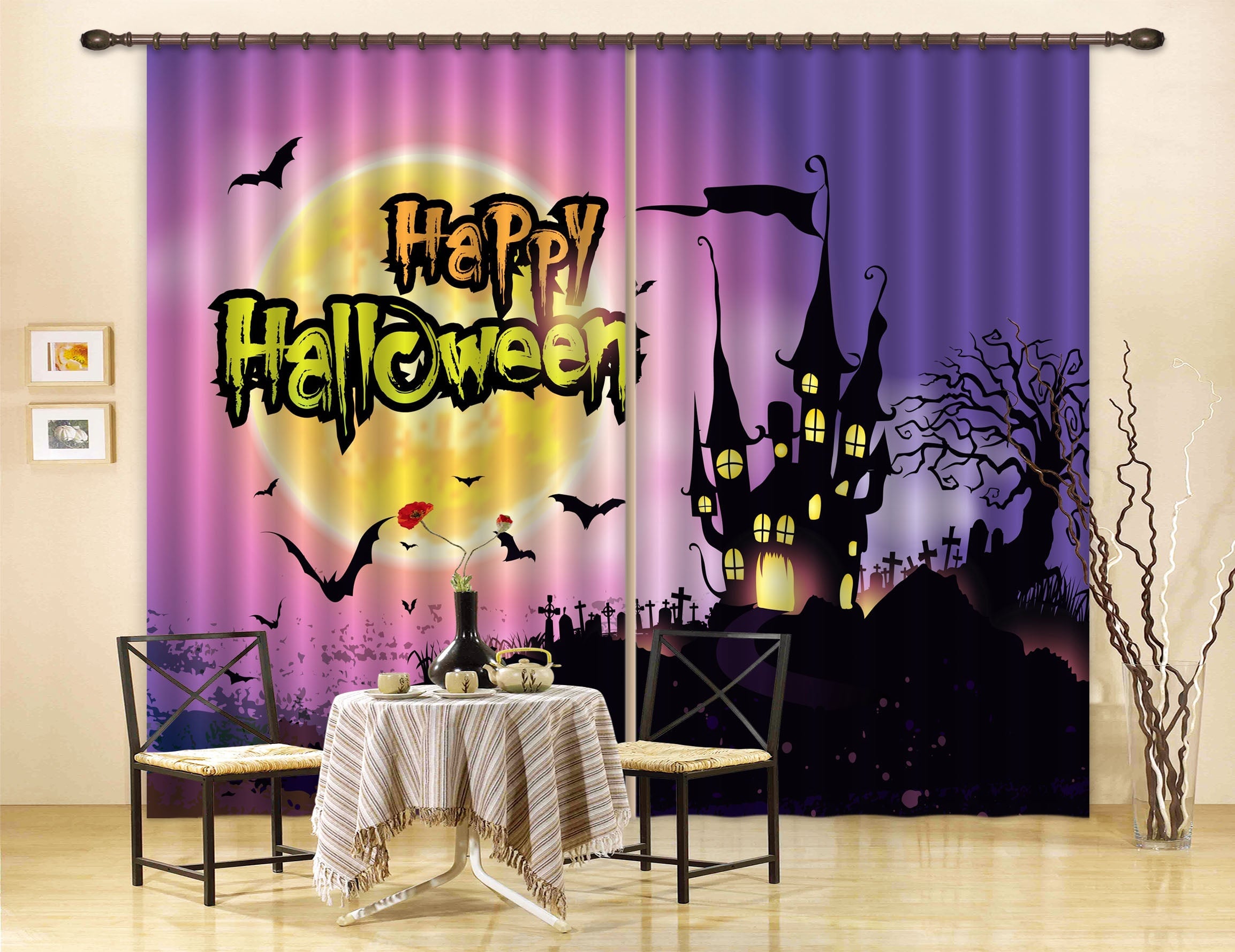3D Moon Haunted House 023 Halloween Curtains Drapes Curtains AJ Creativity Home 
