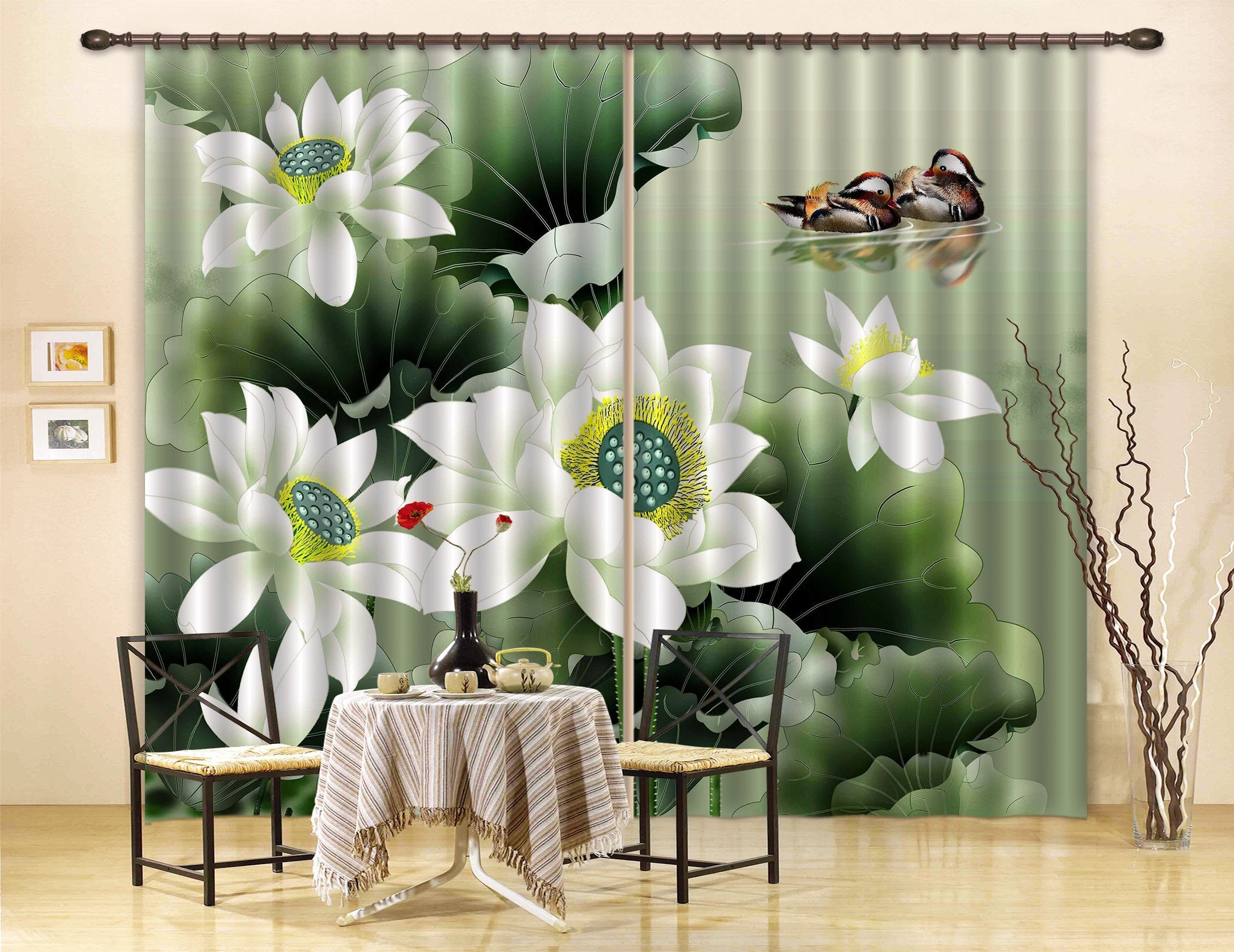 3D Lotus Mandarin Ducks Curtains Drapes Wallpaper AJ Wallpaper 