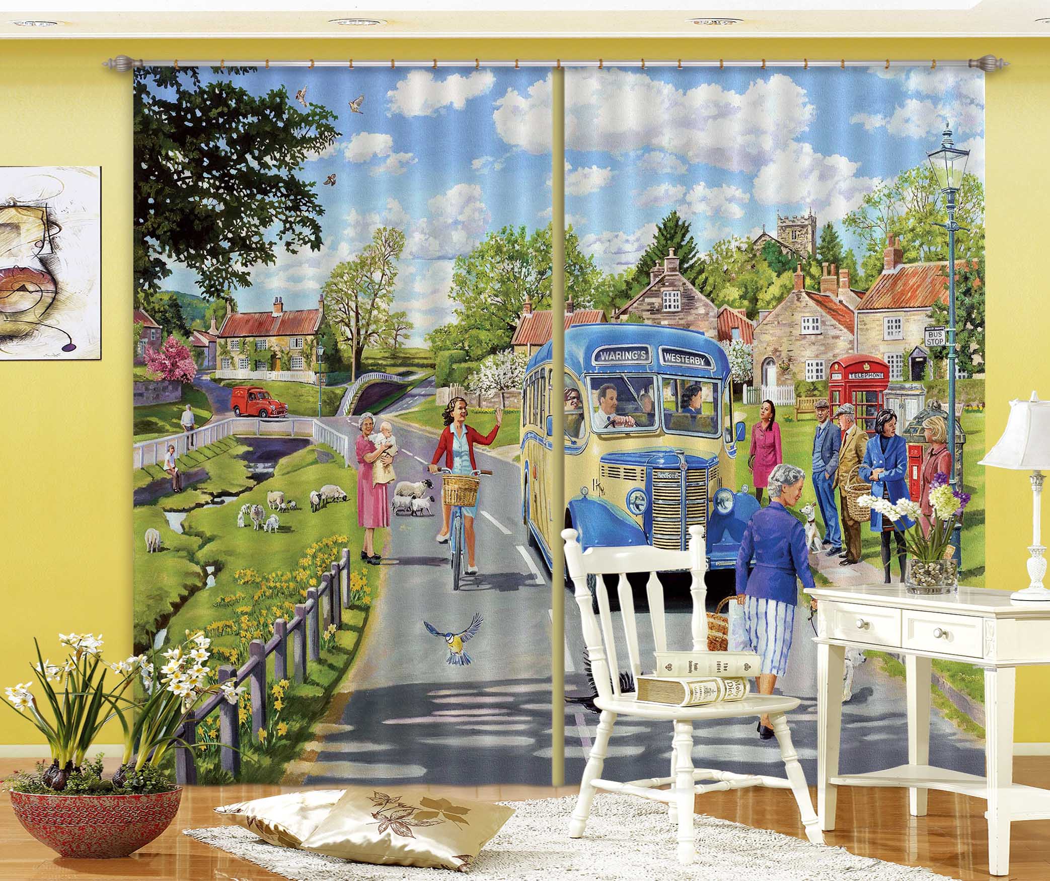 3D The Village Bus Stop 112 Trevor Mitchell Curtain Curtains Drapes