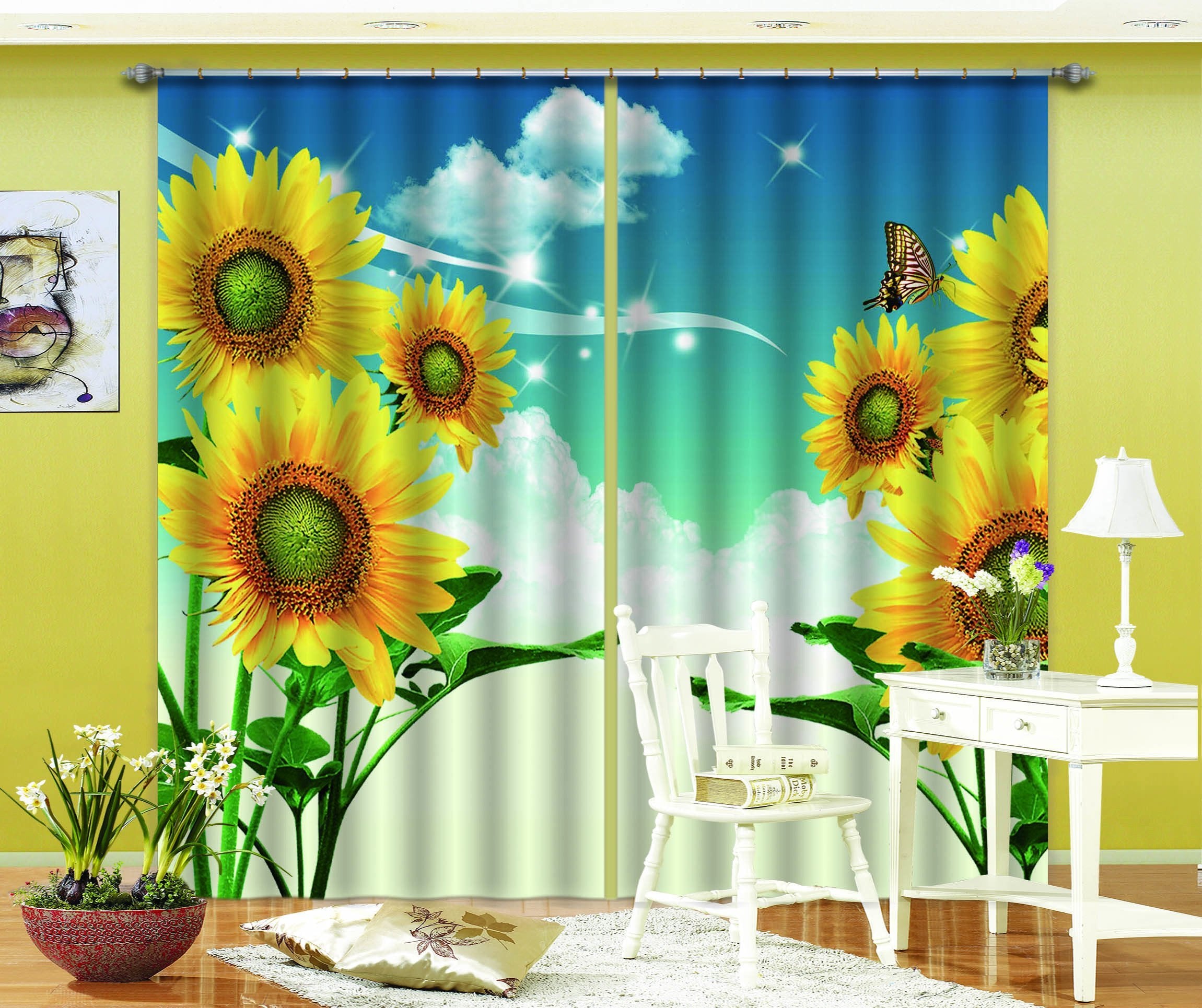 3D Blue Sky Sunflowers 824 Curtains Drapes Wallpaper AJ Wallpaper 