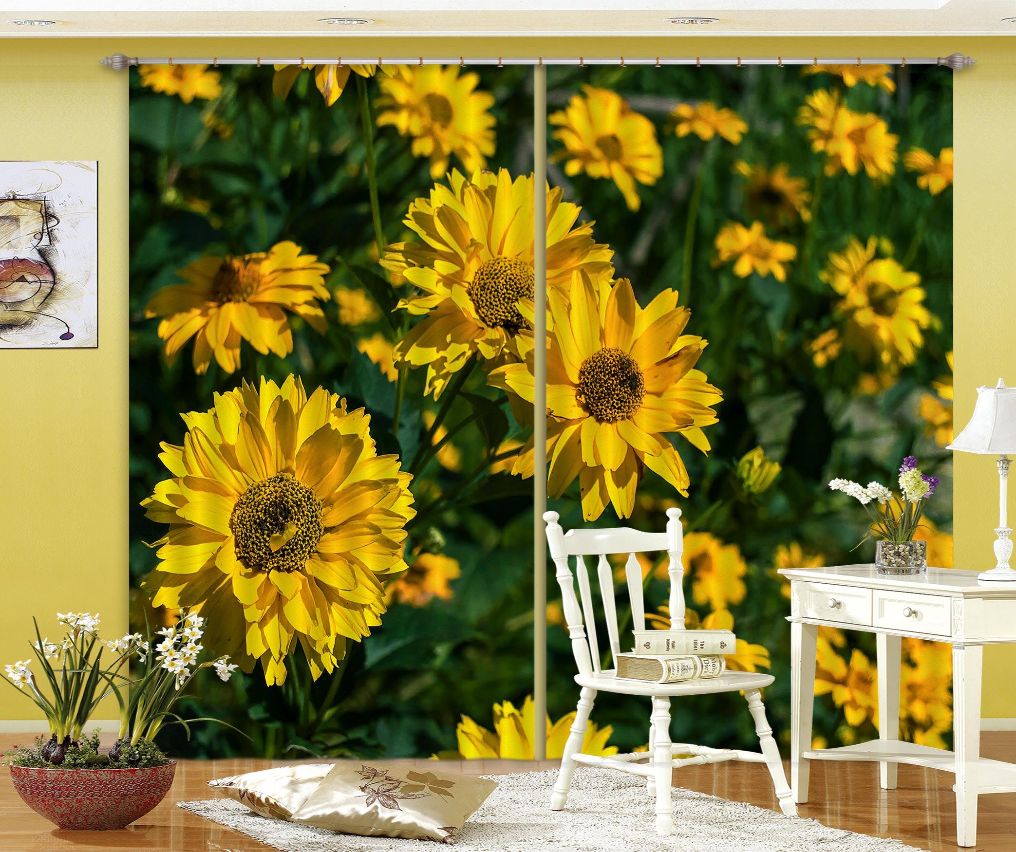 3D Yellow Sunflower 035 Jerry LoFaro Curtain Curtains Drapes