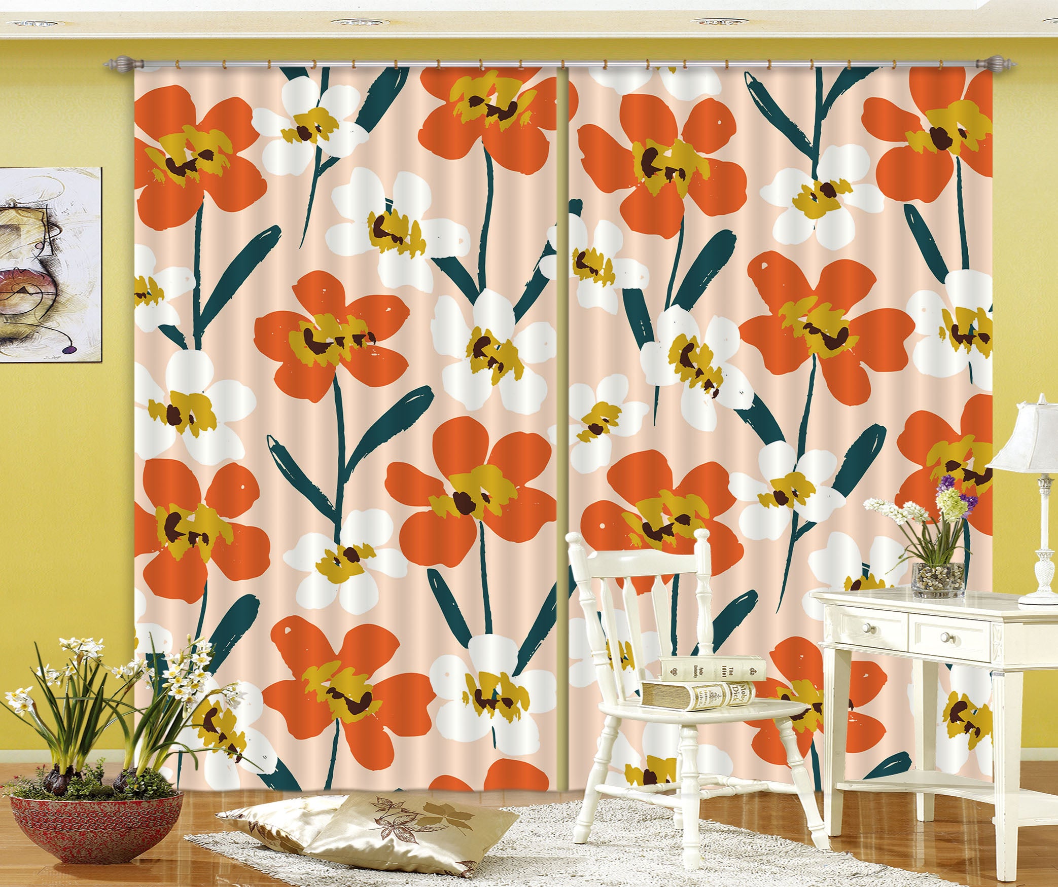 3D Orange White Flowers 11136 Kashmira Jayaprakash Curtain Curtains Drapes