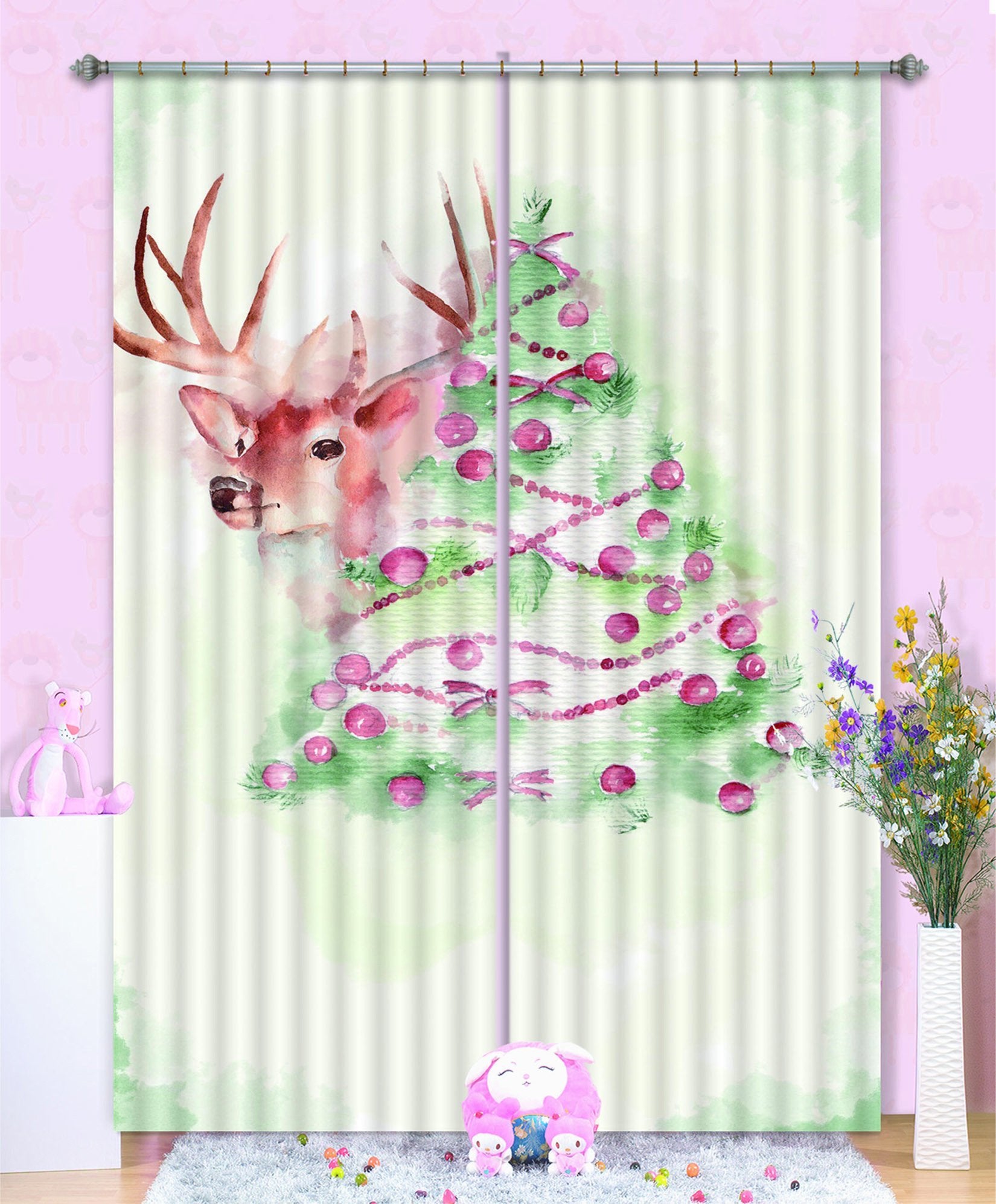 3D Christmas Tree Deer 505 Curtains Drapes Wallpaper AJ Wallpaper 
