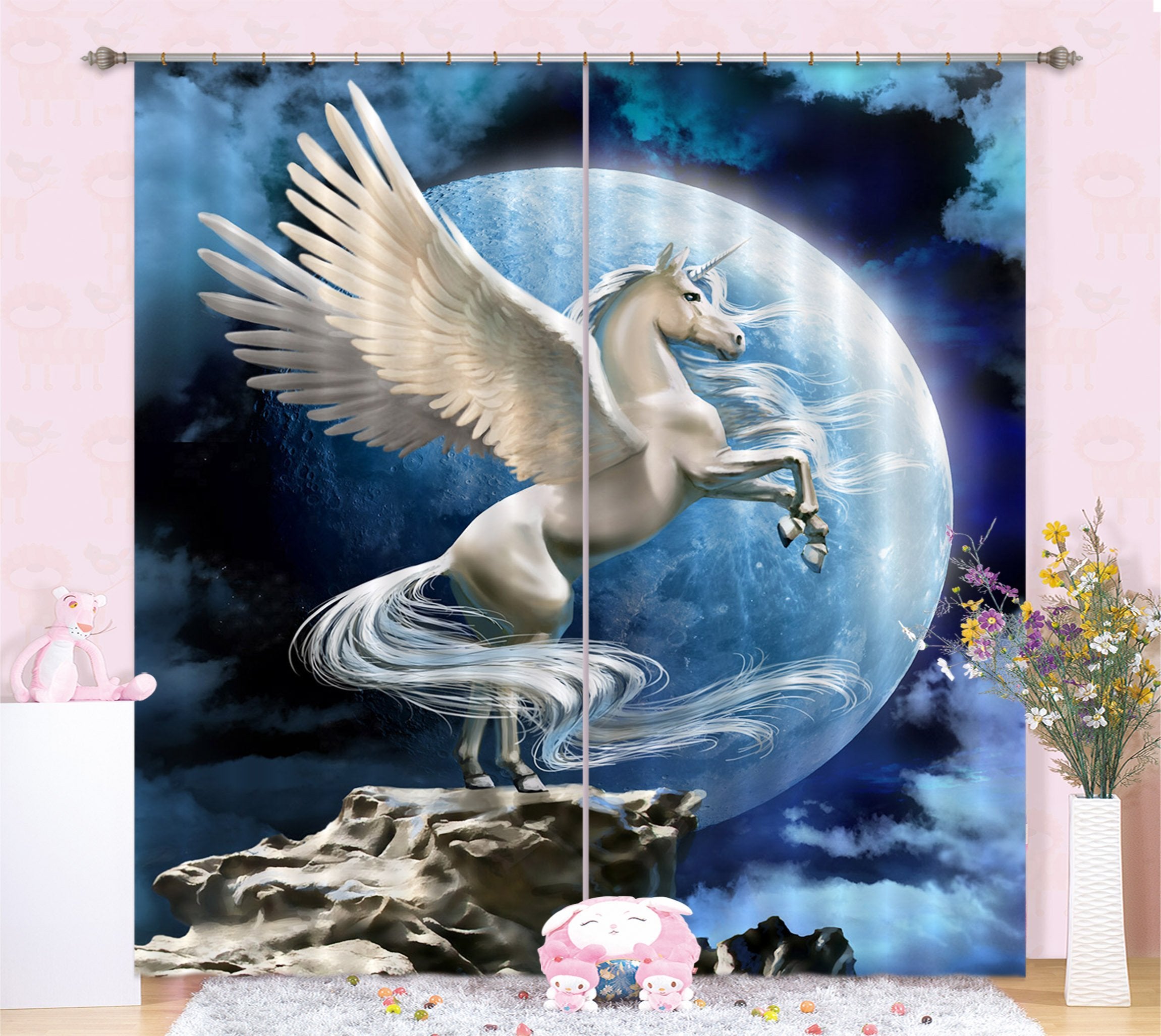 3D Round Moon Unicorns 110 Curtains Drapes Curtains AJ Creativity Home 