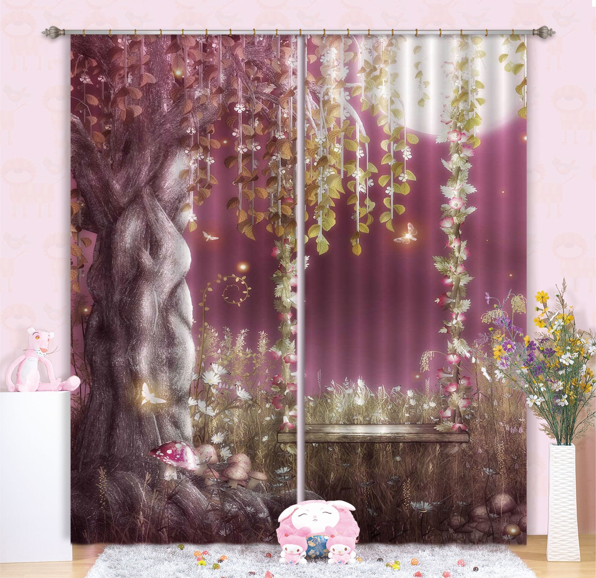 3D Flowers Tree Swing 187 Curtains Drapes Wallpaper AJ Wallpaper 