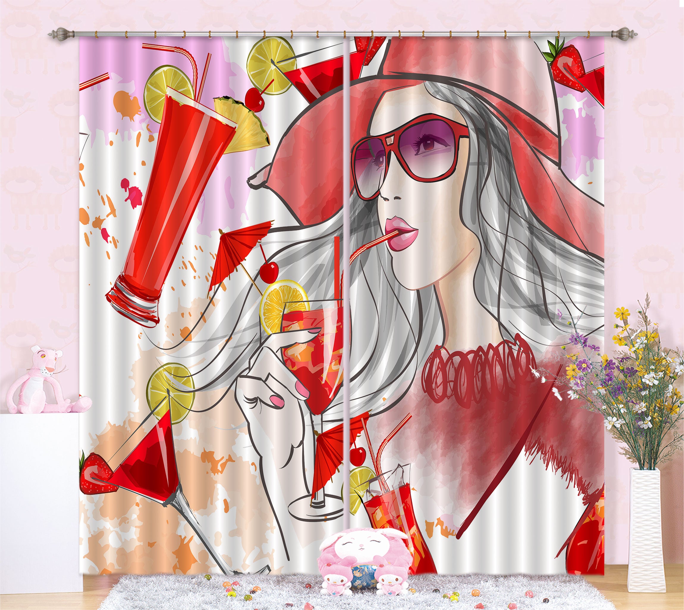 3D Lemon Drink Woman 036 Curtains Drapes