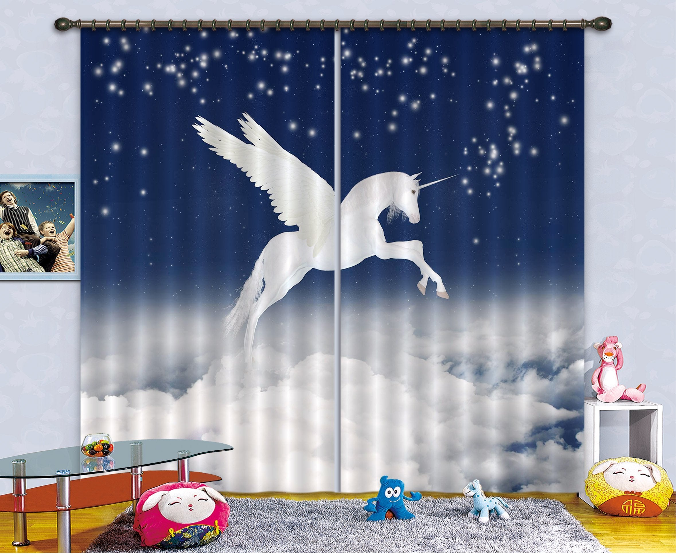 3D Jumping Stars Unicorns 106 Curtains Drapes Curtains AJ Creativity Home 