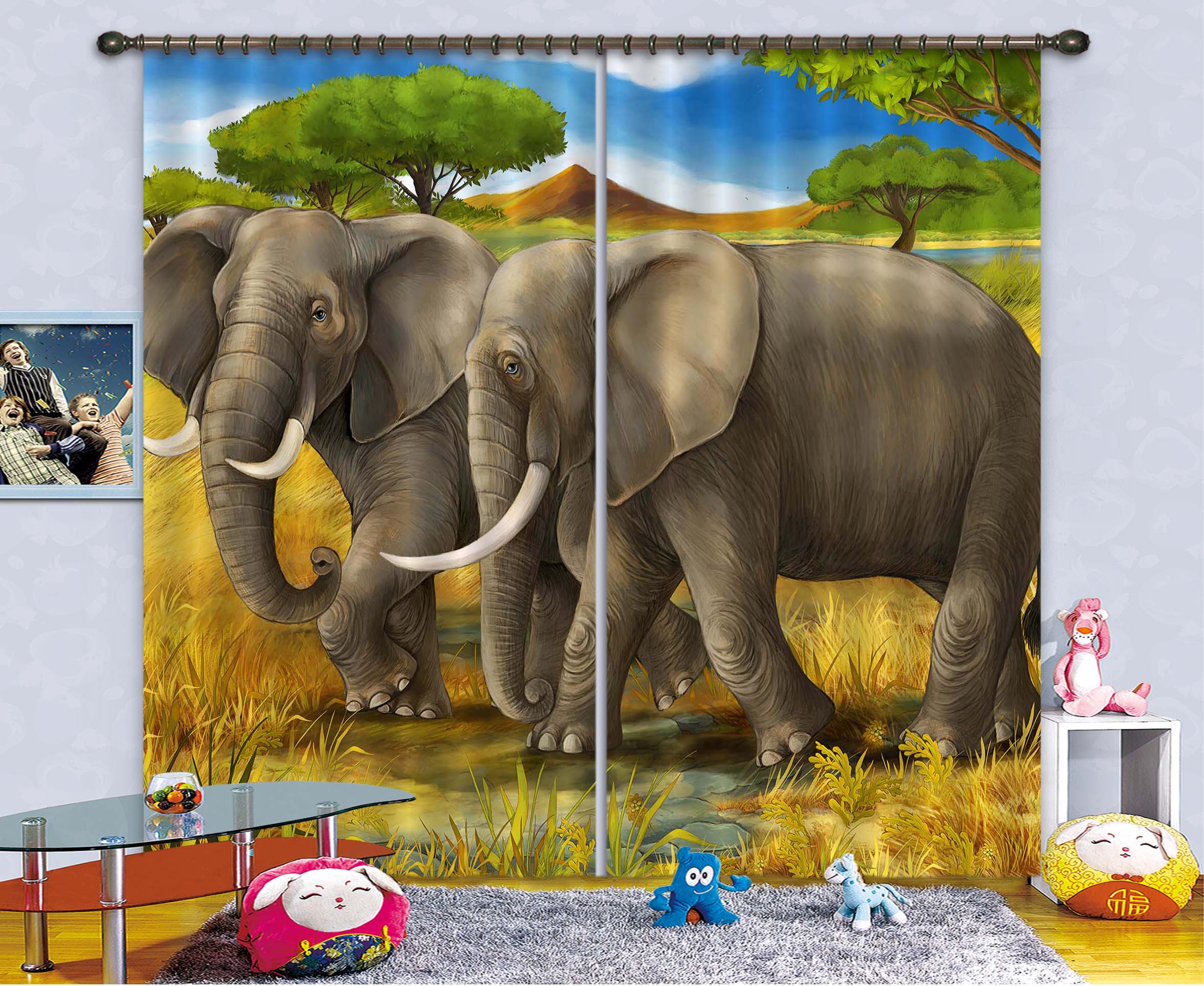3D Prairie Elephant 799 Curtains Drapes
