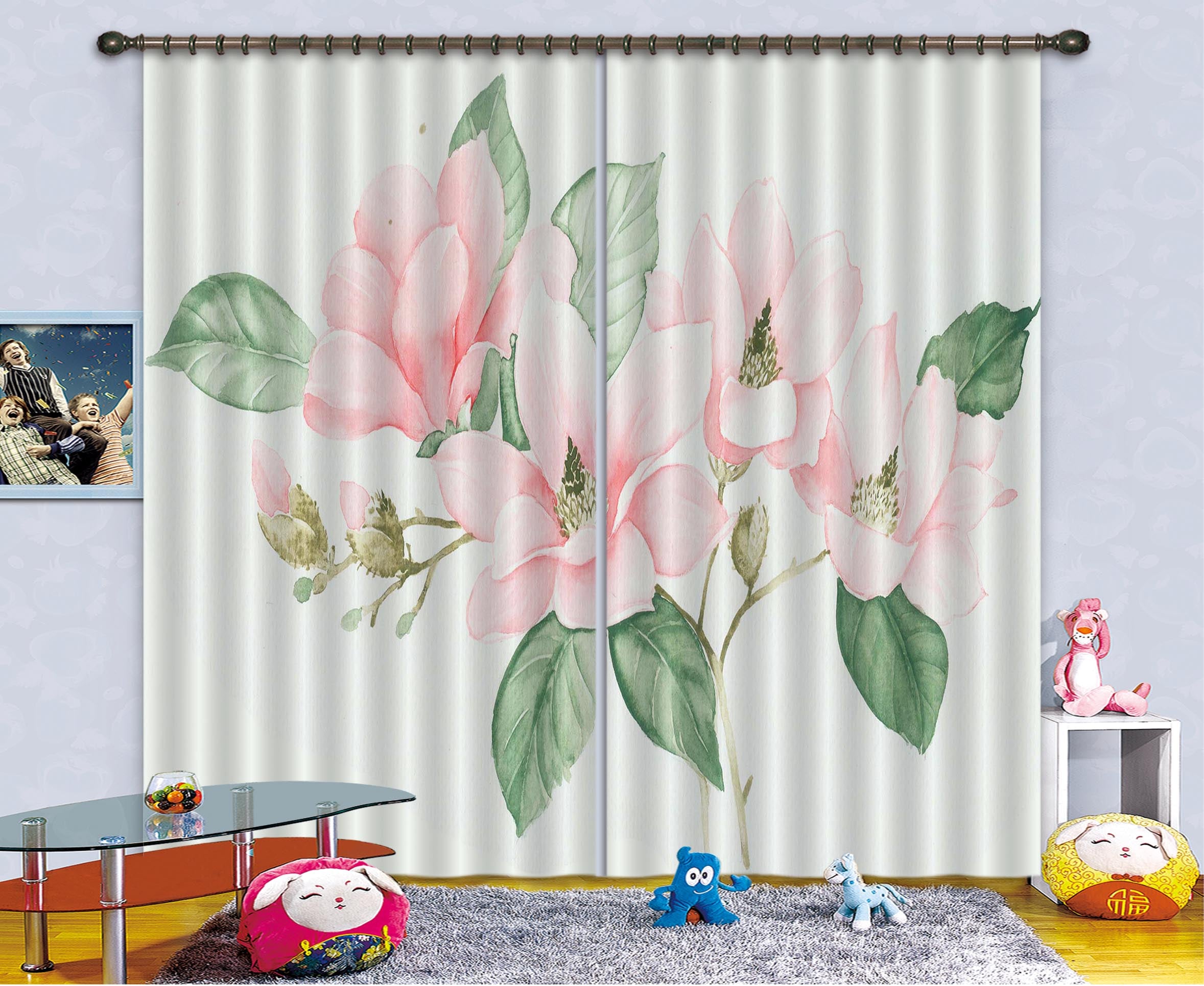 3D Pink Flowers 118 Curtains Drapes
