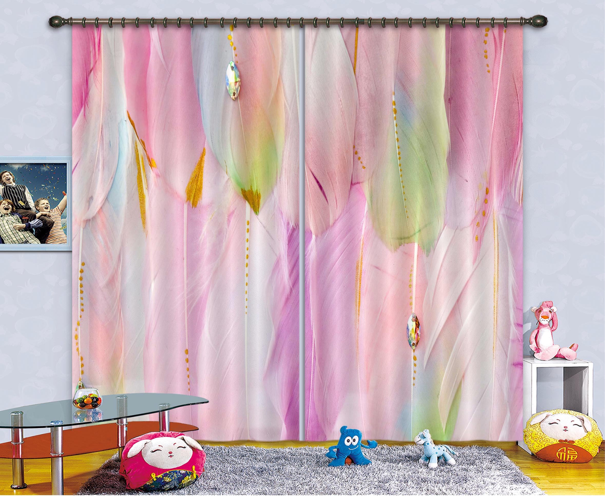 3D Pink Feather 122 Curtains Drapes