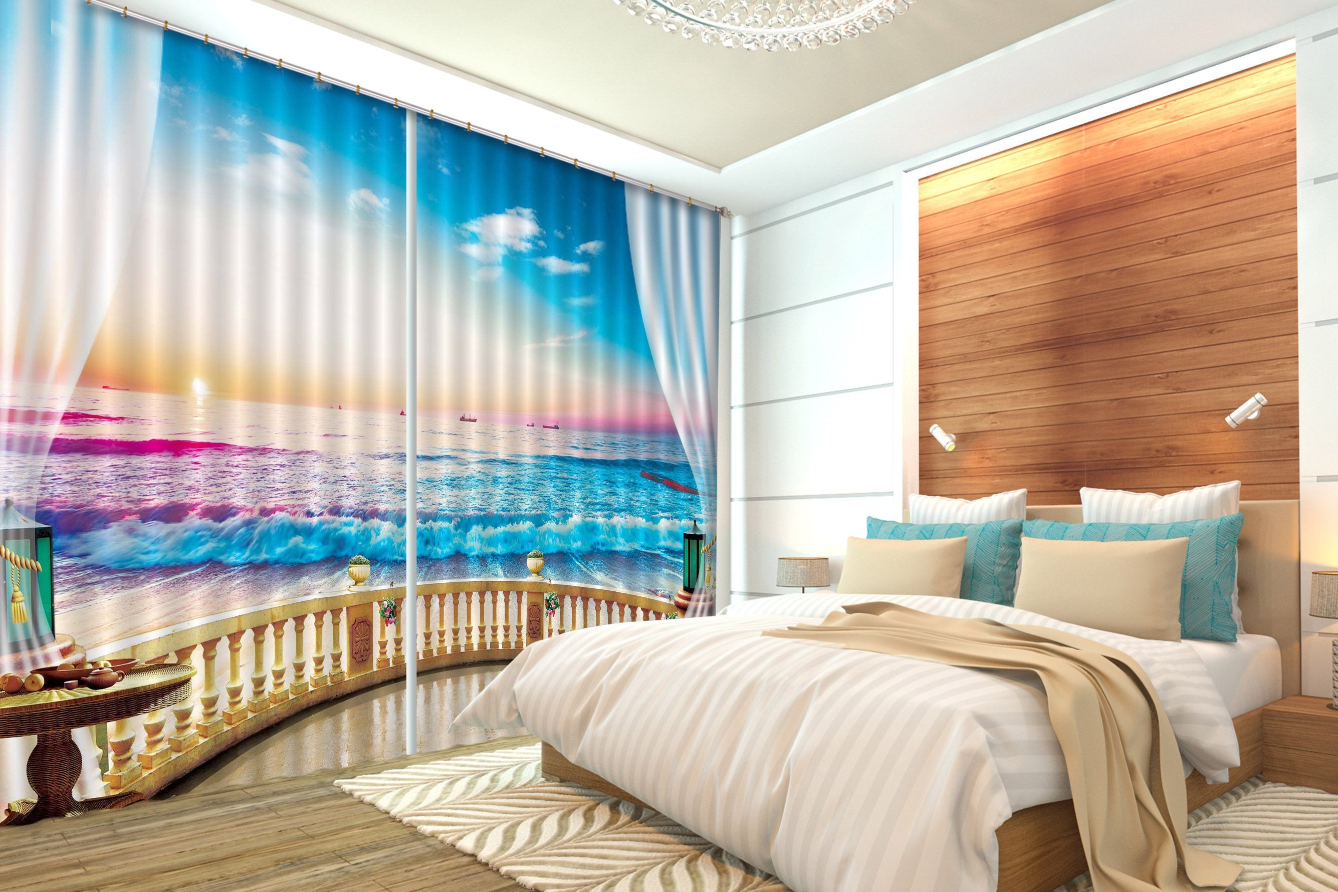 3D Balcony Pretty Sea Curtains Drapes Wallpaper AJ Wallpaper 