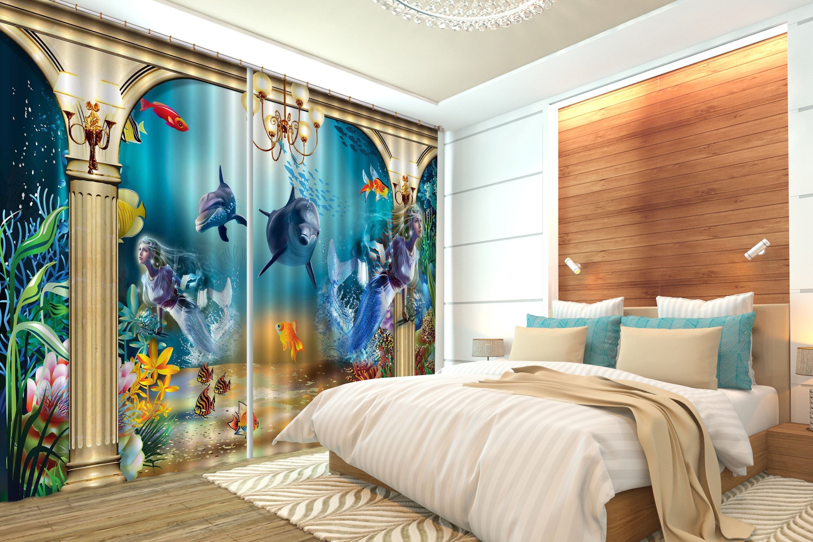 3D Seabed Mermaids Pillars 205 Curtains Drapes Wallpaper AJ Wallpaper 