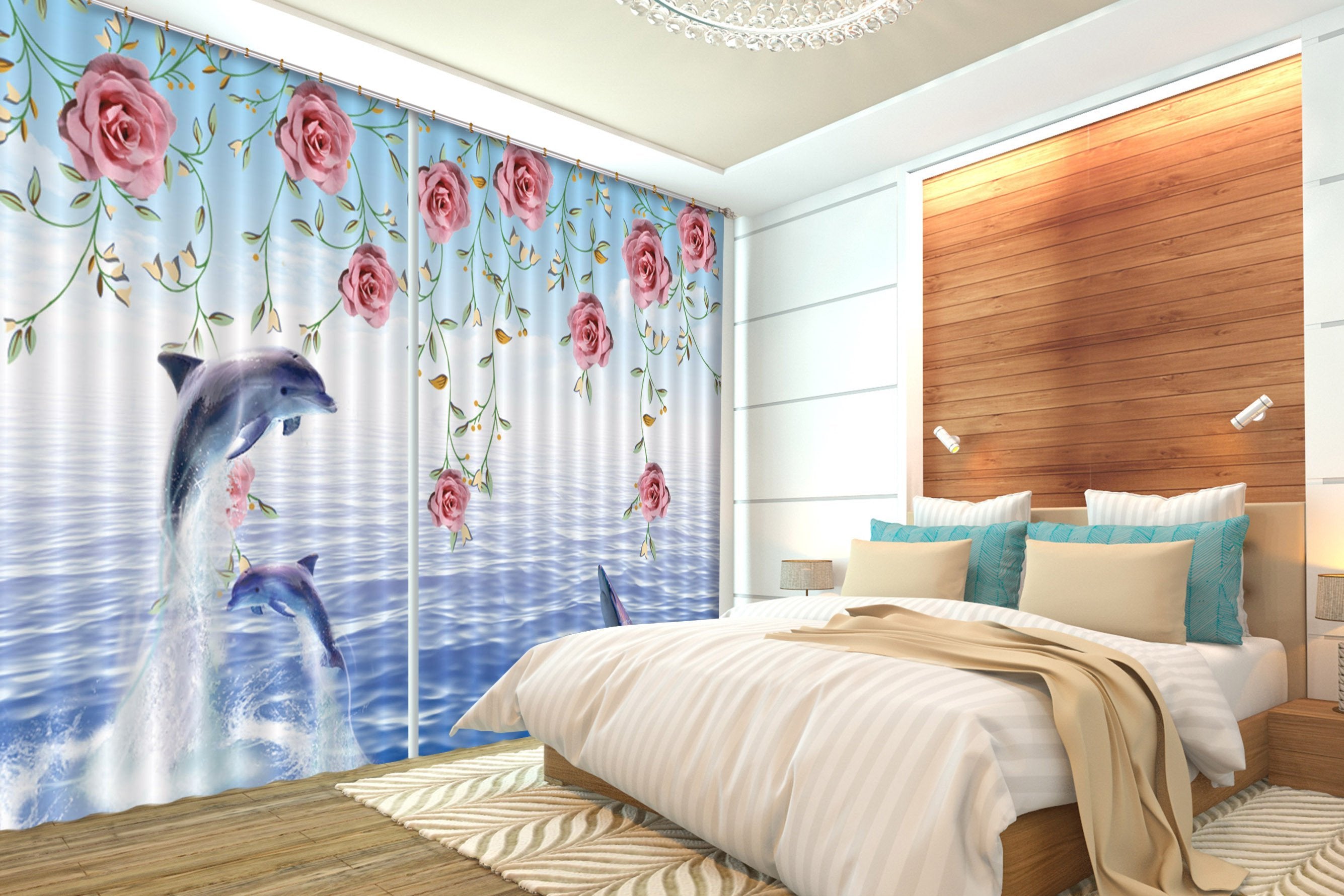 3D Sea Dolphins Flowers Vines Curtains Drapes Wallpaper AJ Wallpaper 