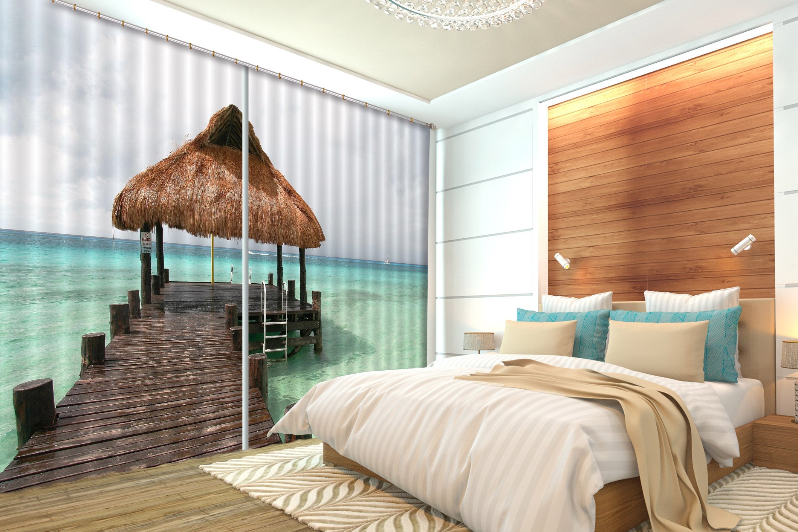 3D Sea Thatched Pavilion 252 Curtains Drapes Wallpaper AJ Wallpaper 