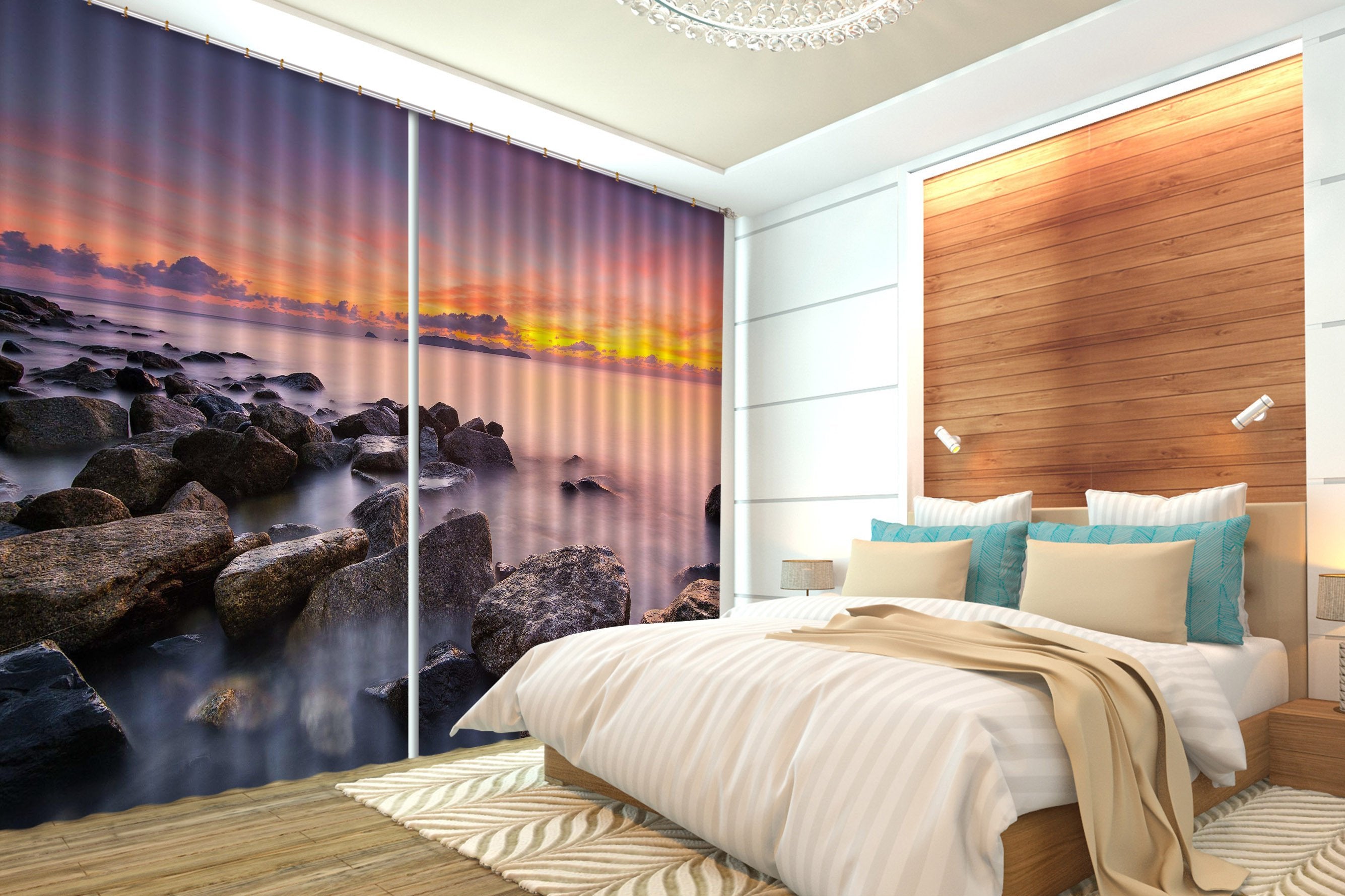 3D Stones Sea Sunset Glow 338 Curtains Drapes Wallpaper AJ Wallpaper 