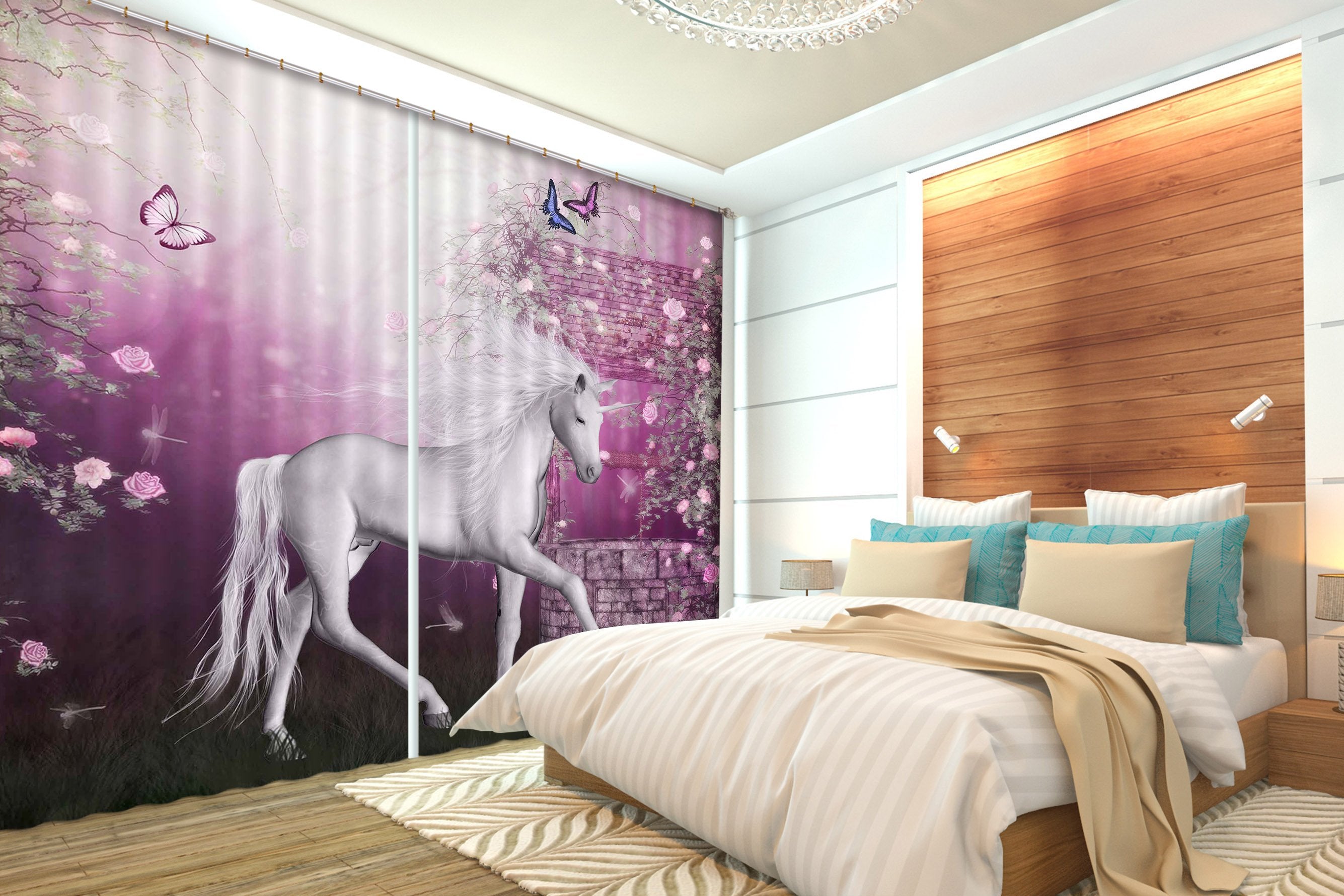 3D Flower Butterfly Unicorns 086 Curtains Drapes Curtains AJ Creativity Home 