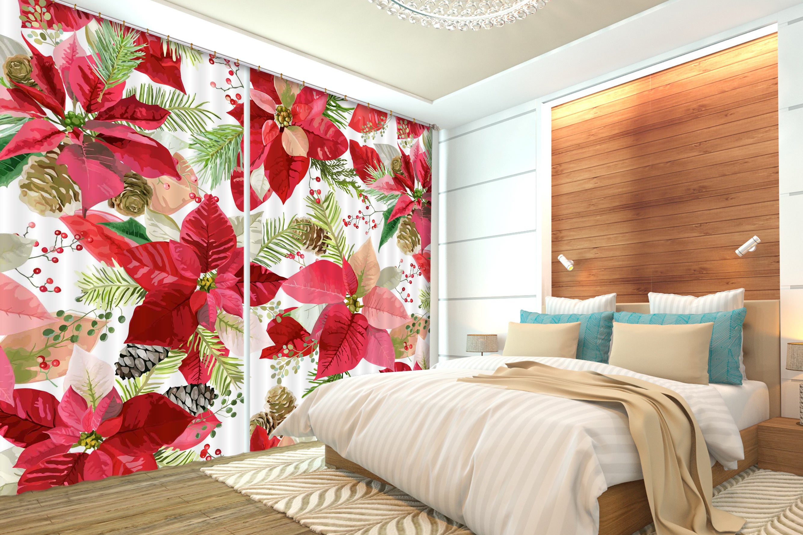 3D Red Leaves Flowers 53094 Christmas Curtains Drapes Xmas