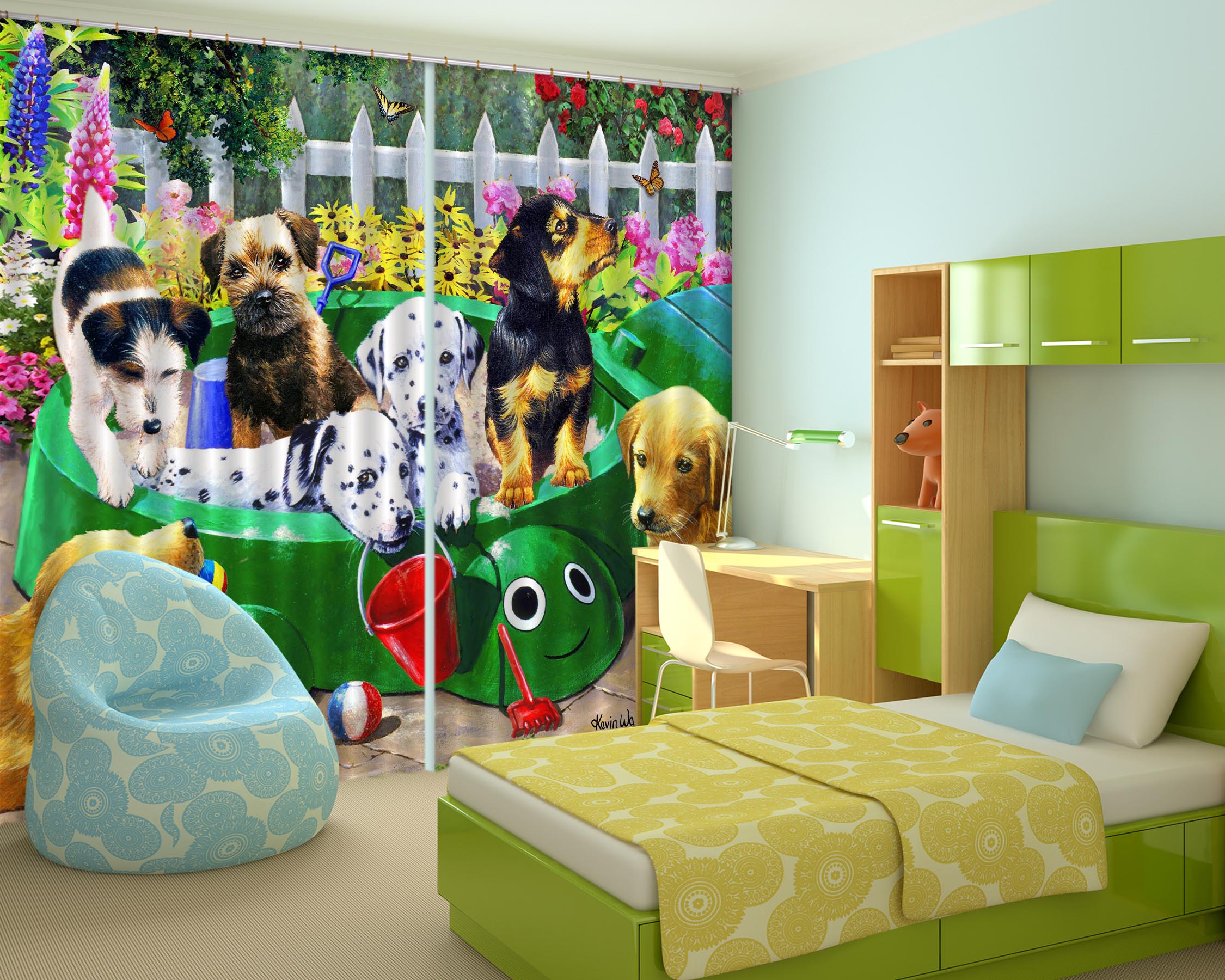 3D Dog Playing 139 Kevin Walsh Curtain Curtains Drapes