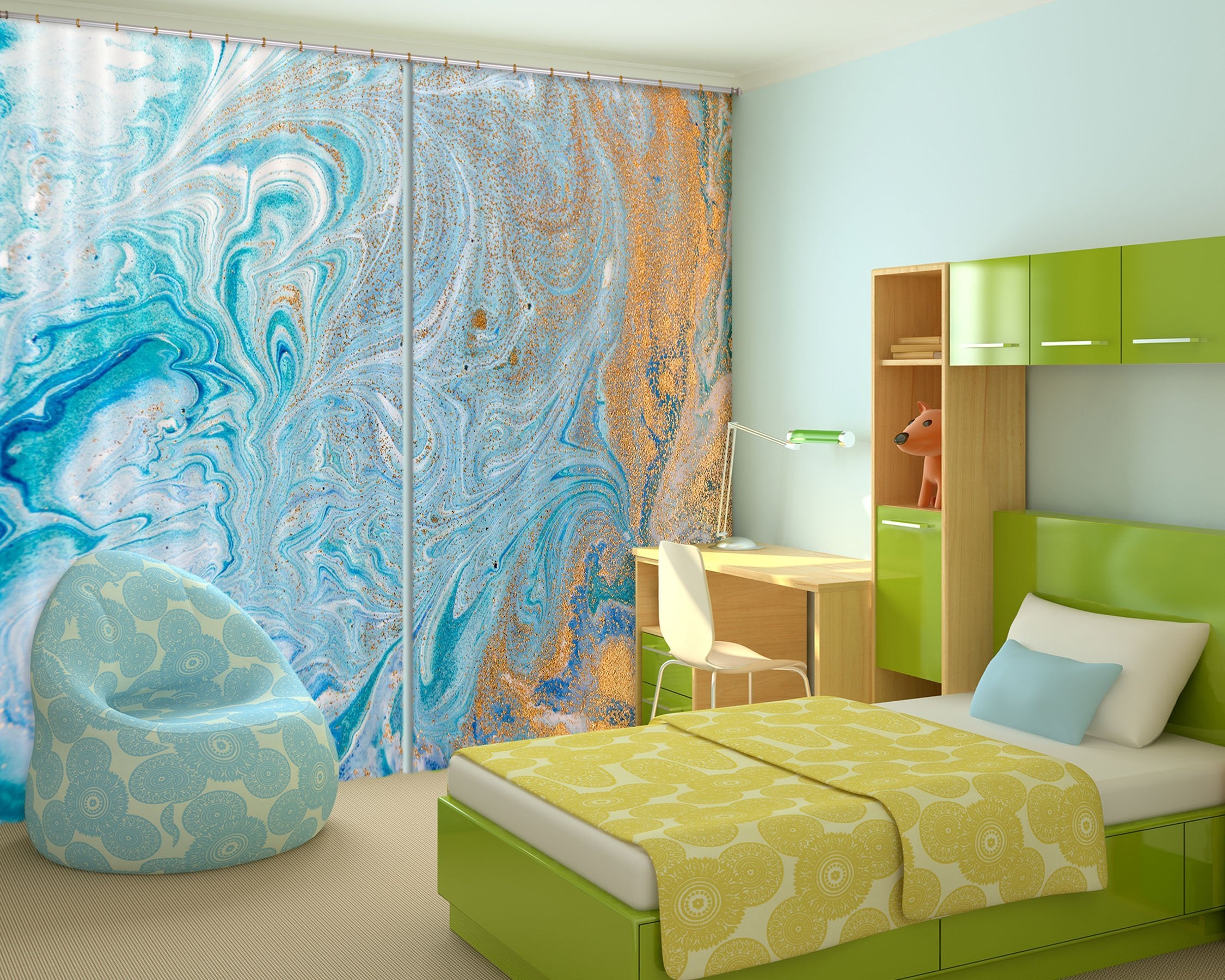 3D Light Blue Vortex Gold 56 Curtains Drapes Curtains AJ Creativity Home 