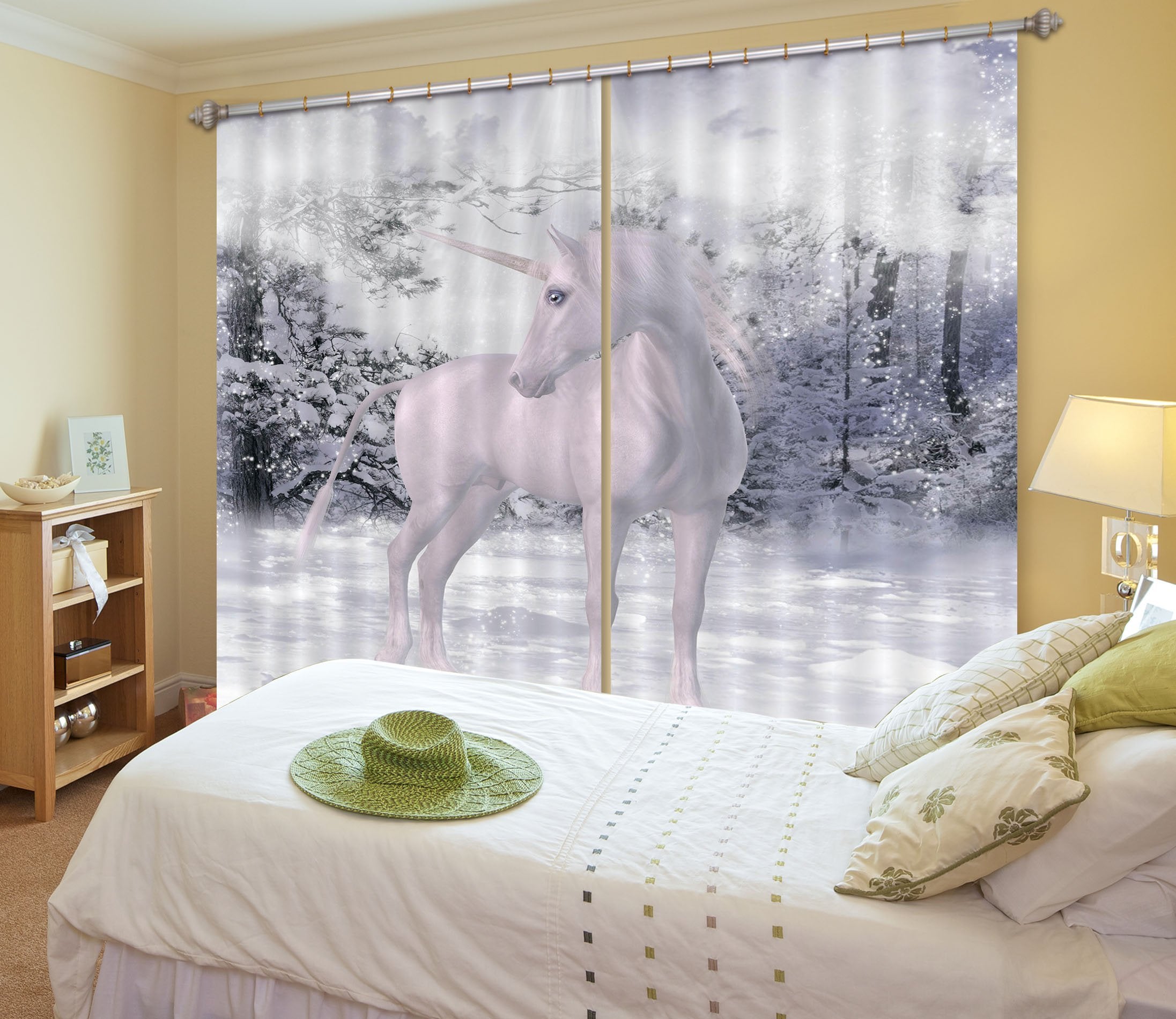 3D White Snow Unicorns 122 Curtains Drapes Curtains AJ Creativity Home 