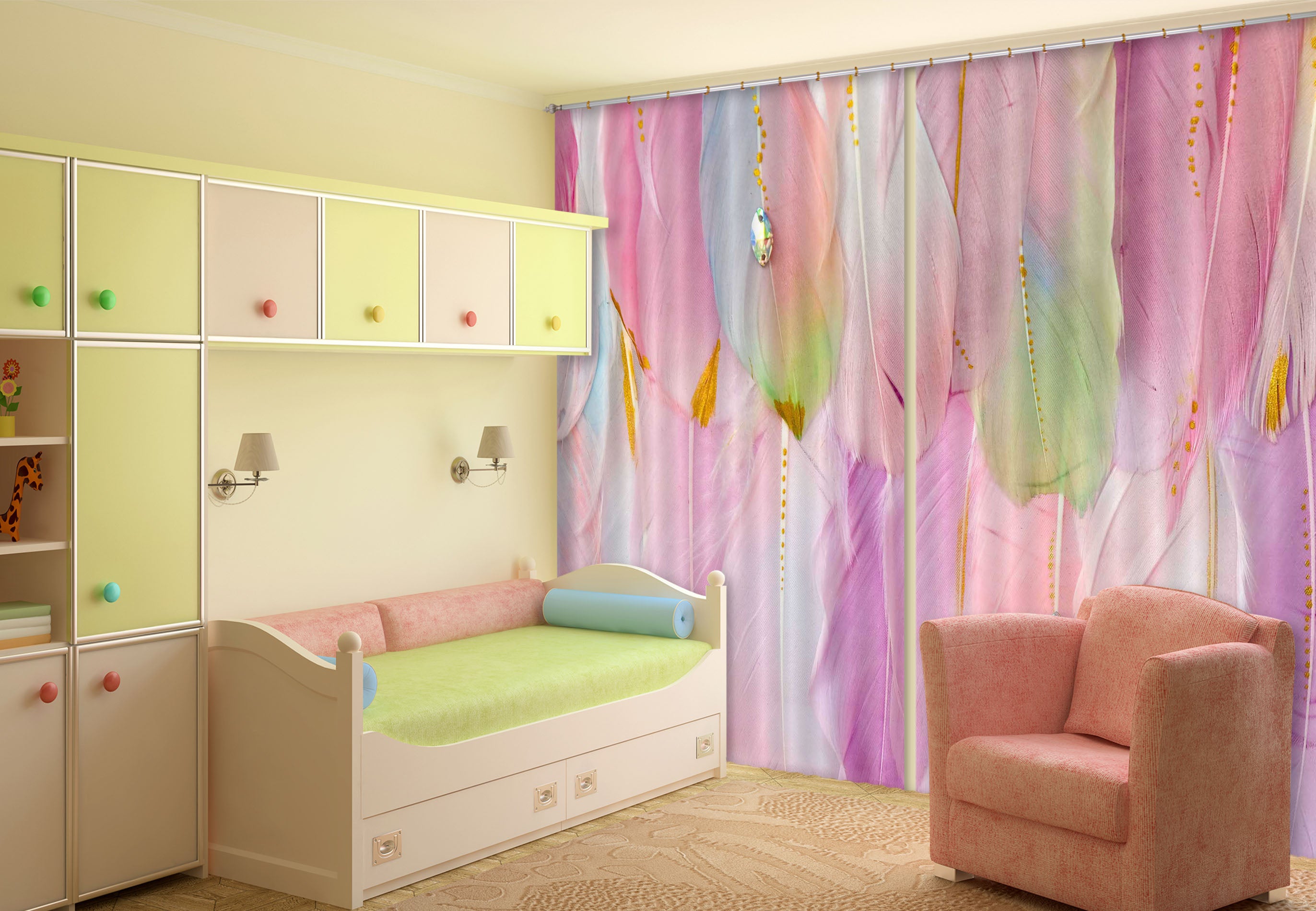 3D Pink Feather 122 Curtains Drapes