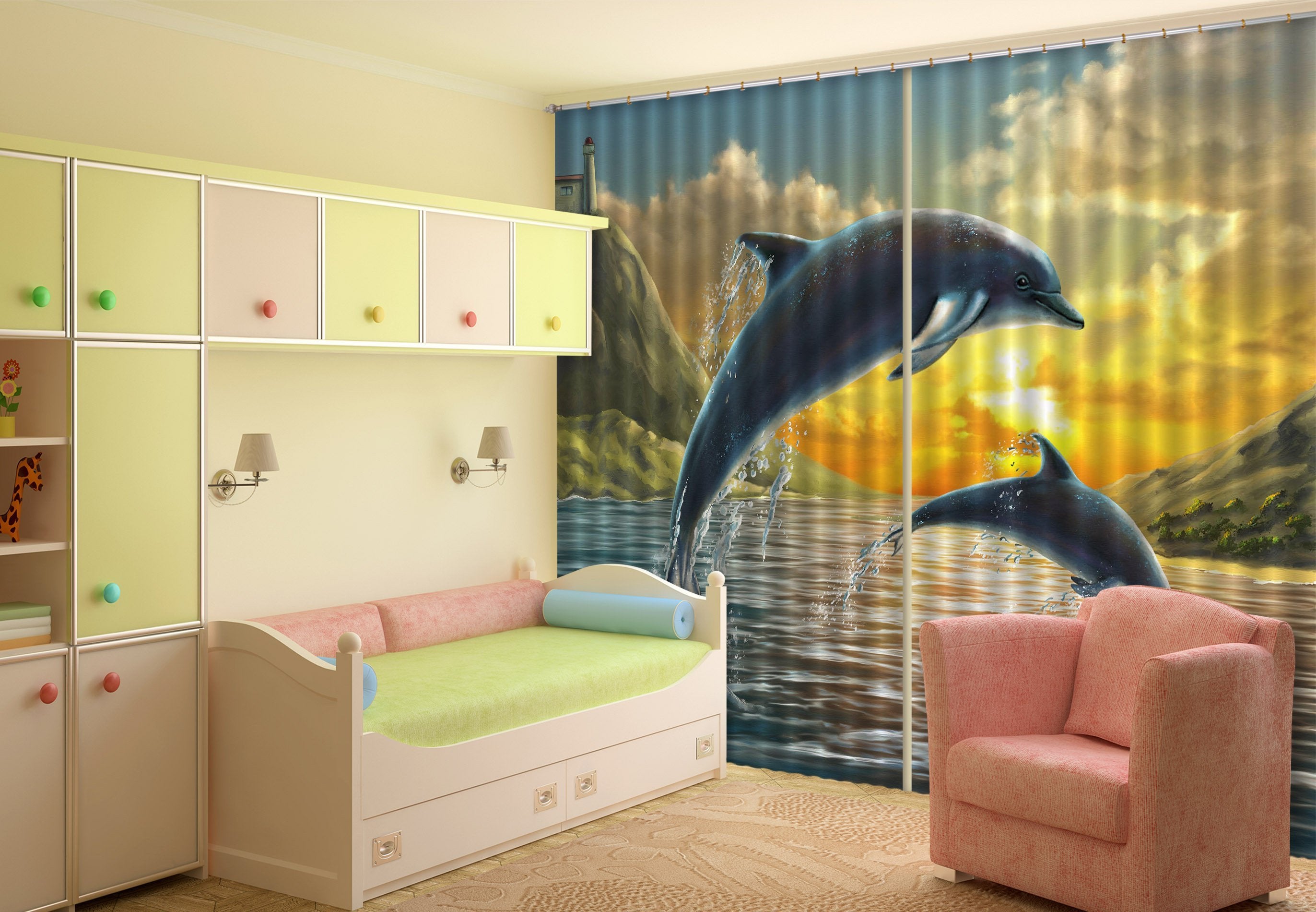 3D Jumping Dolphins 570 Curtains Drapes Wallpaper AJ Wallpaper 