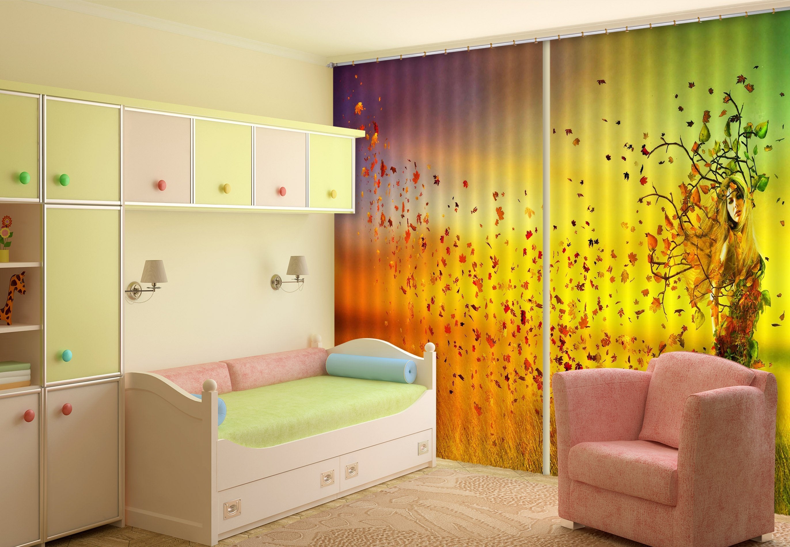 3D Woman Flying Leaves 206 Curtains Drapes Wallpaper AJ Wallpaper 