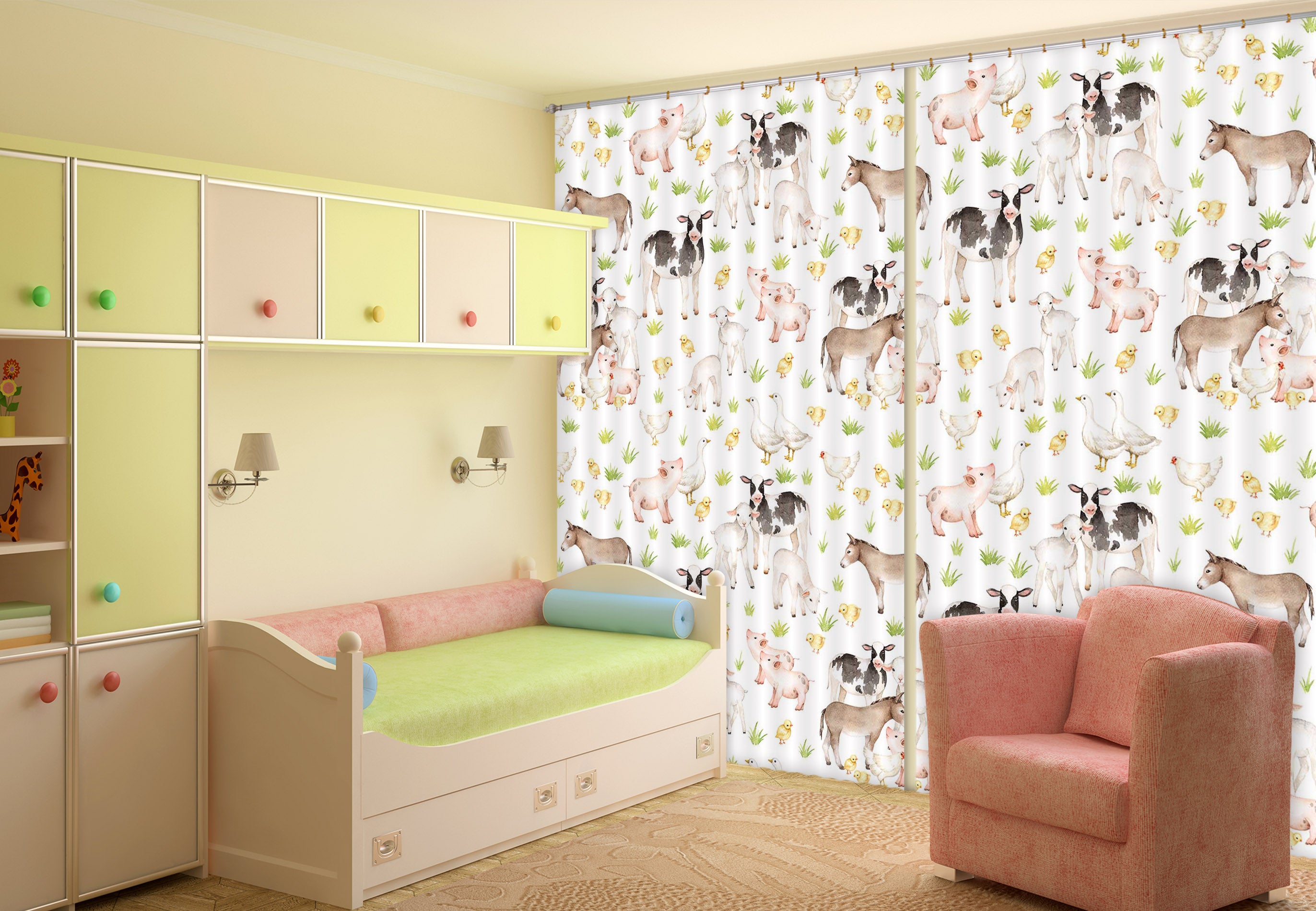 3D Pink Pig Chicken 141 Uta Naumann Curtain Curtains Drapes