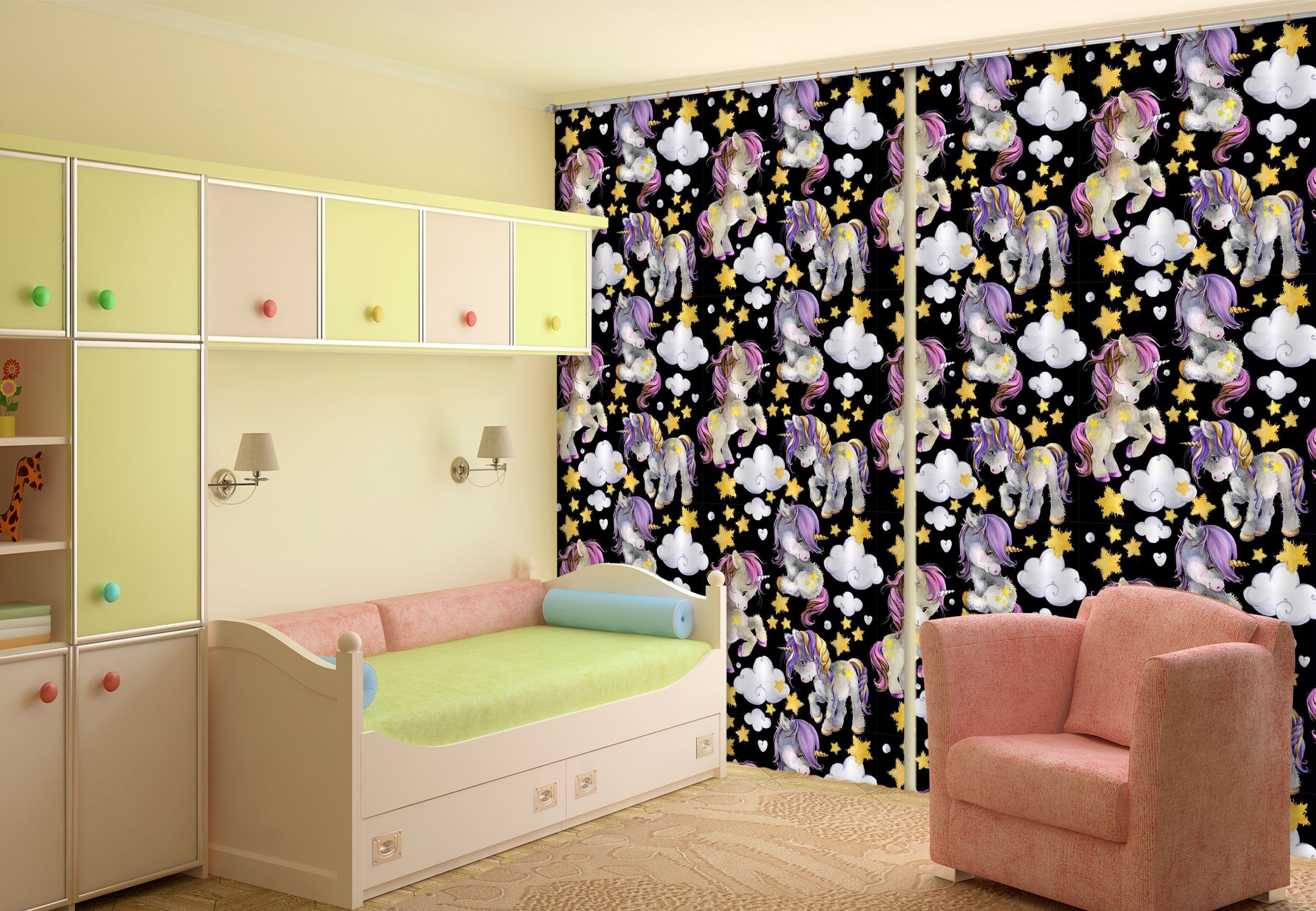 3D Cute Cartoon Unicorns 091 Curtains Drapes Curtains AJ Creativity Home 