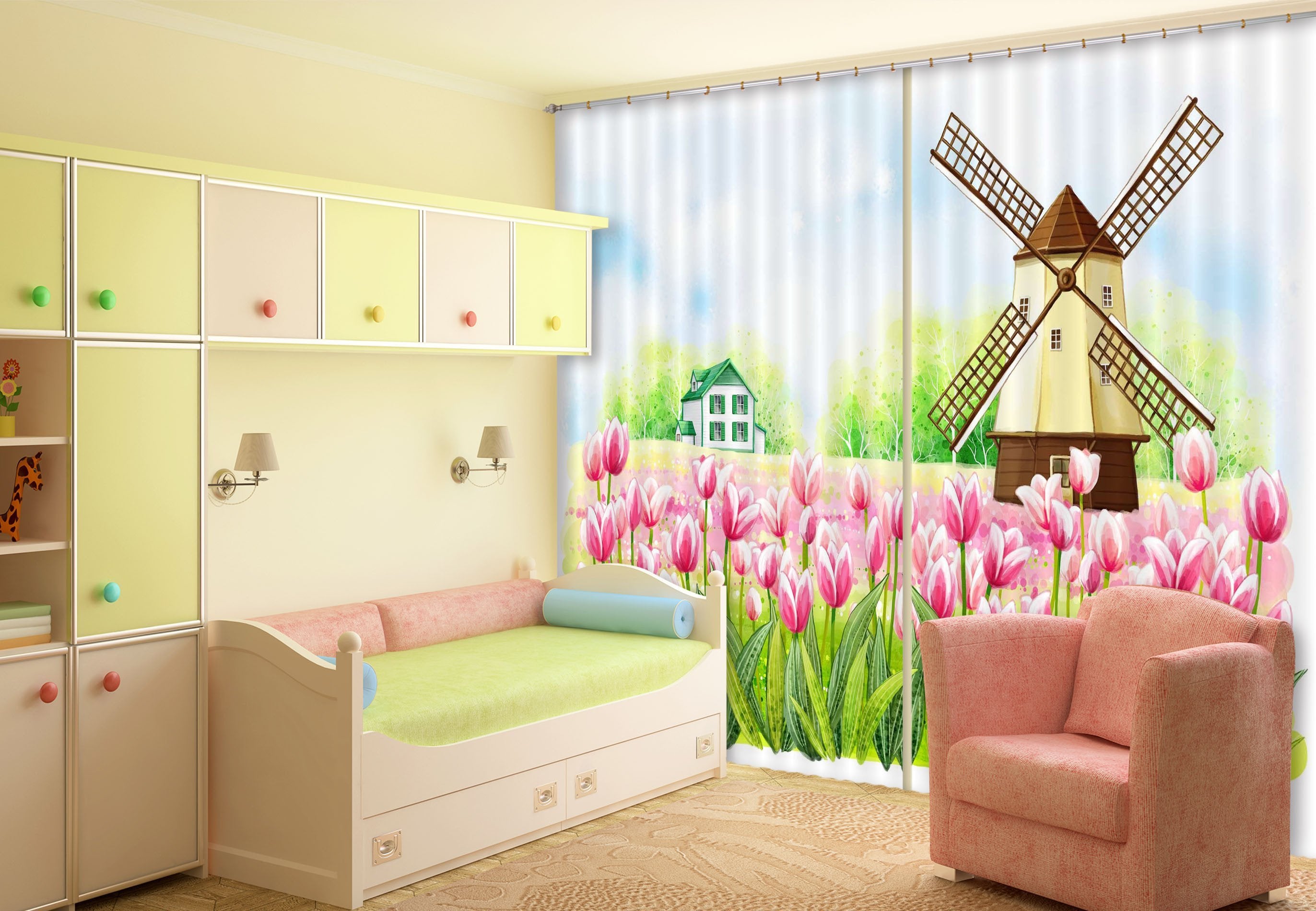 3D Tulips Windmill 425 Curtains Drapes Wallpaper AJ Wallpaper 