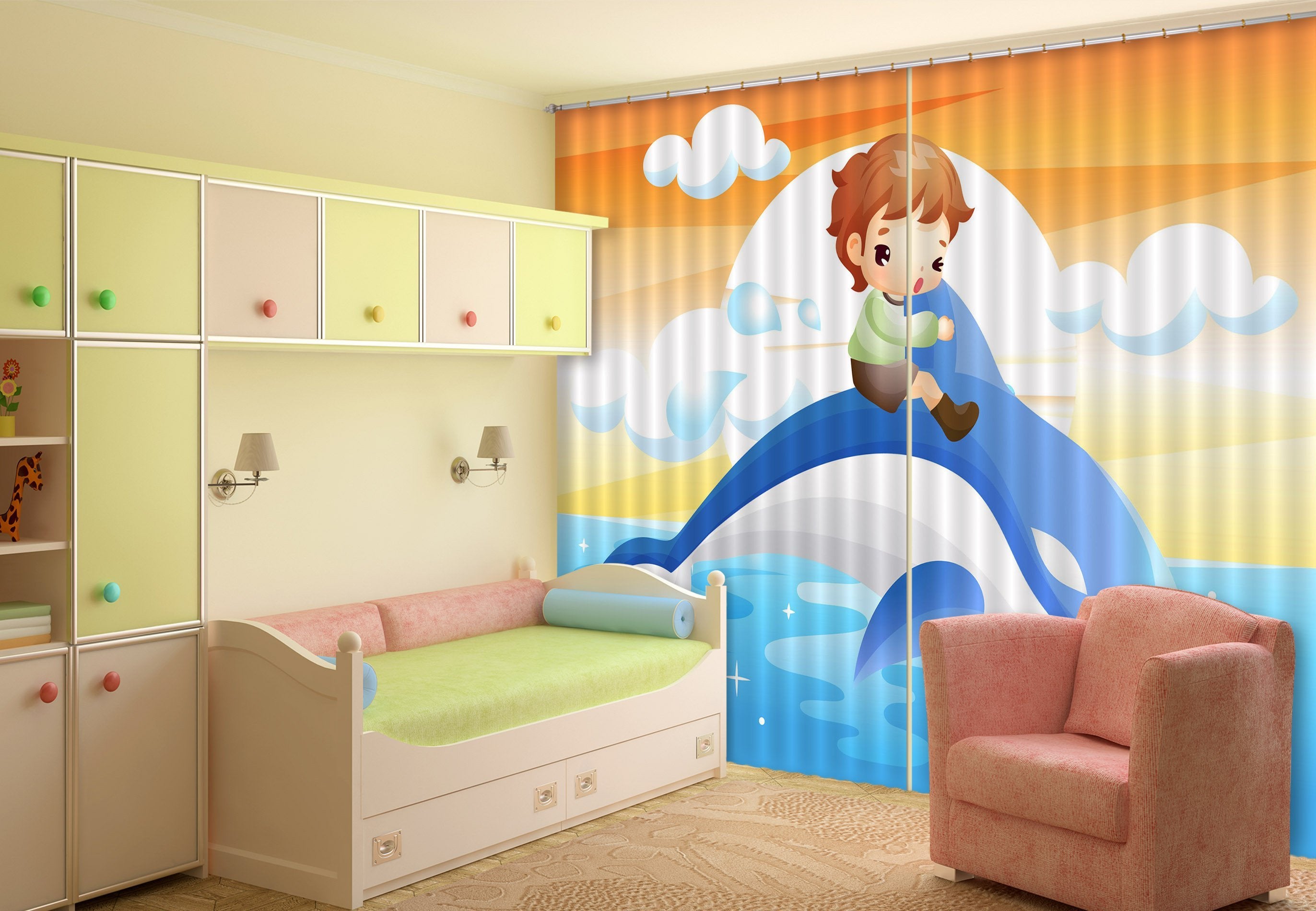3D Lovely Dolphin And Kid 693 Curtains Drapes Wallpaper AJ Wallpaper 