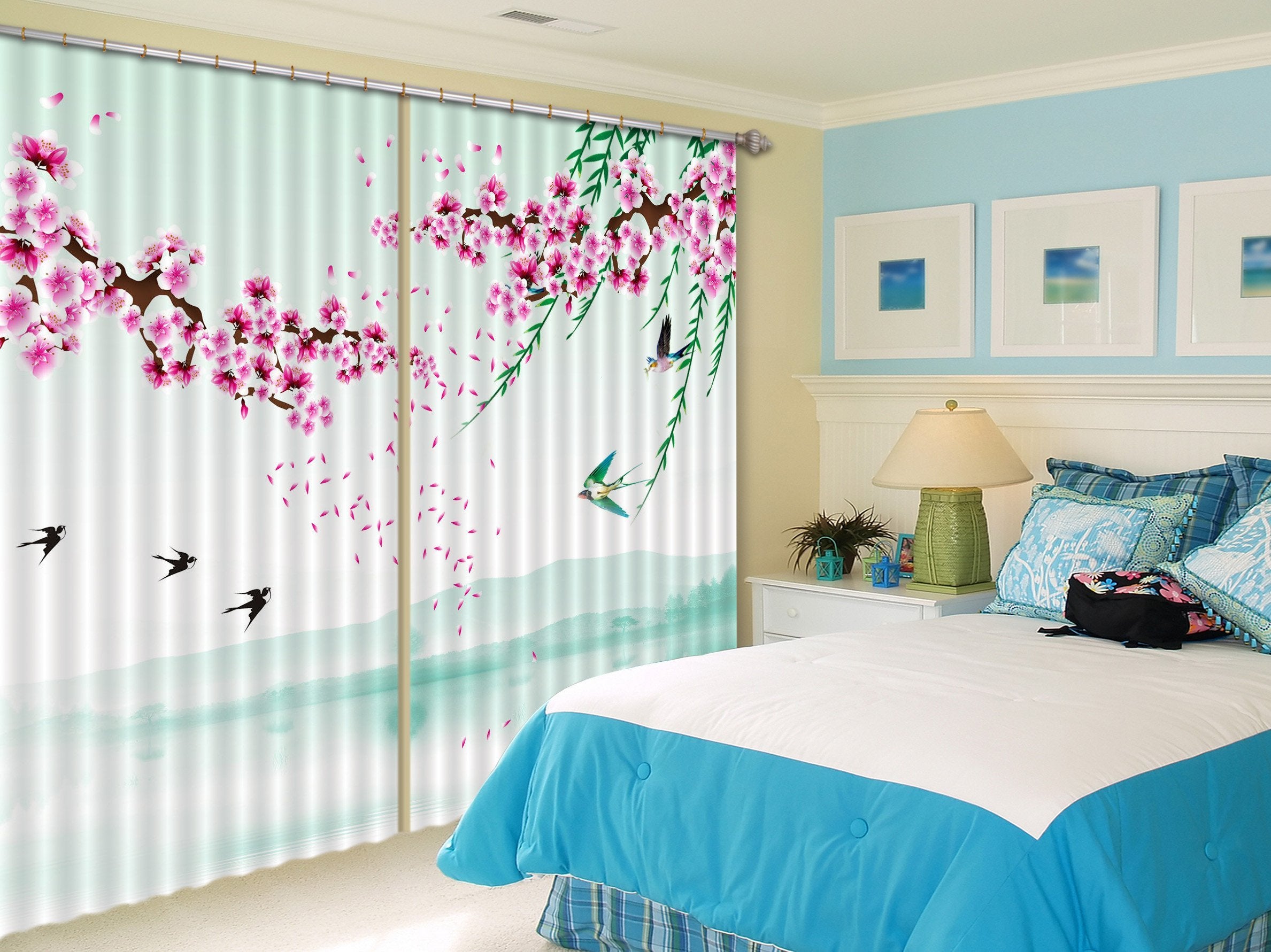 3D Swallows And Flowers 164 Curtains Drapes Wallpaper AJ Wallpaper 