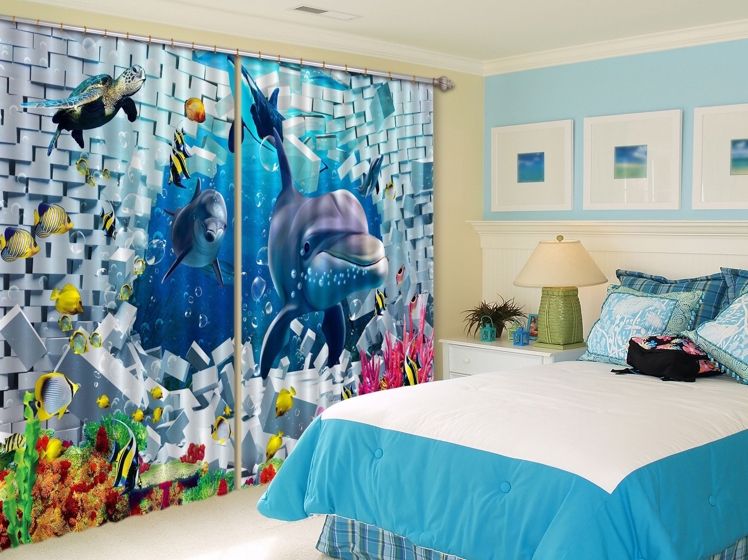 3D Bricks Dolphins 317 Curtains Drapes Wallpaper AJ Wallpaper 