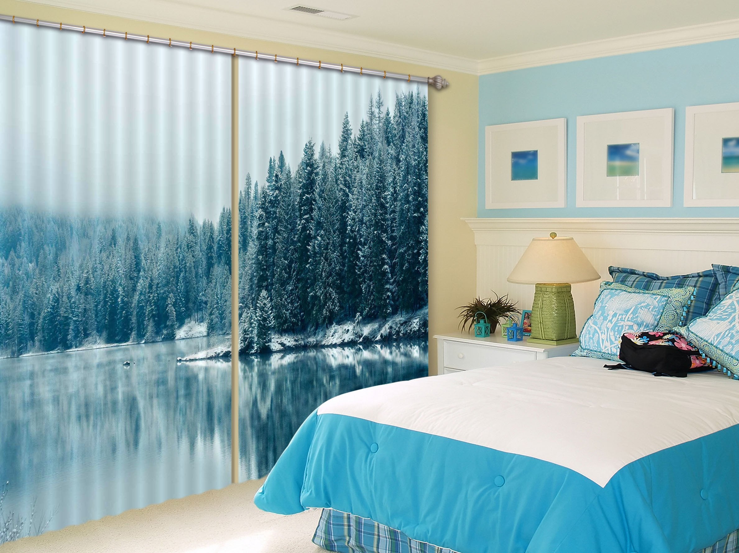 3D Snow Forest Lake 353 Curtains Drapes Wallpaper AJ Wallpaper 