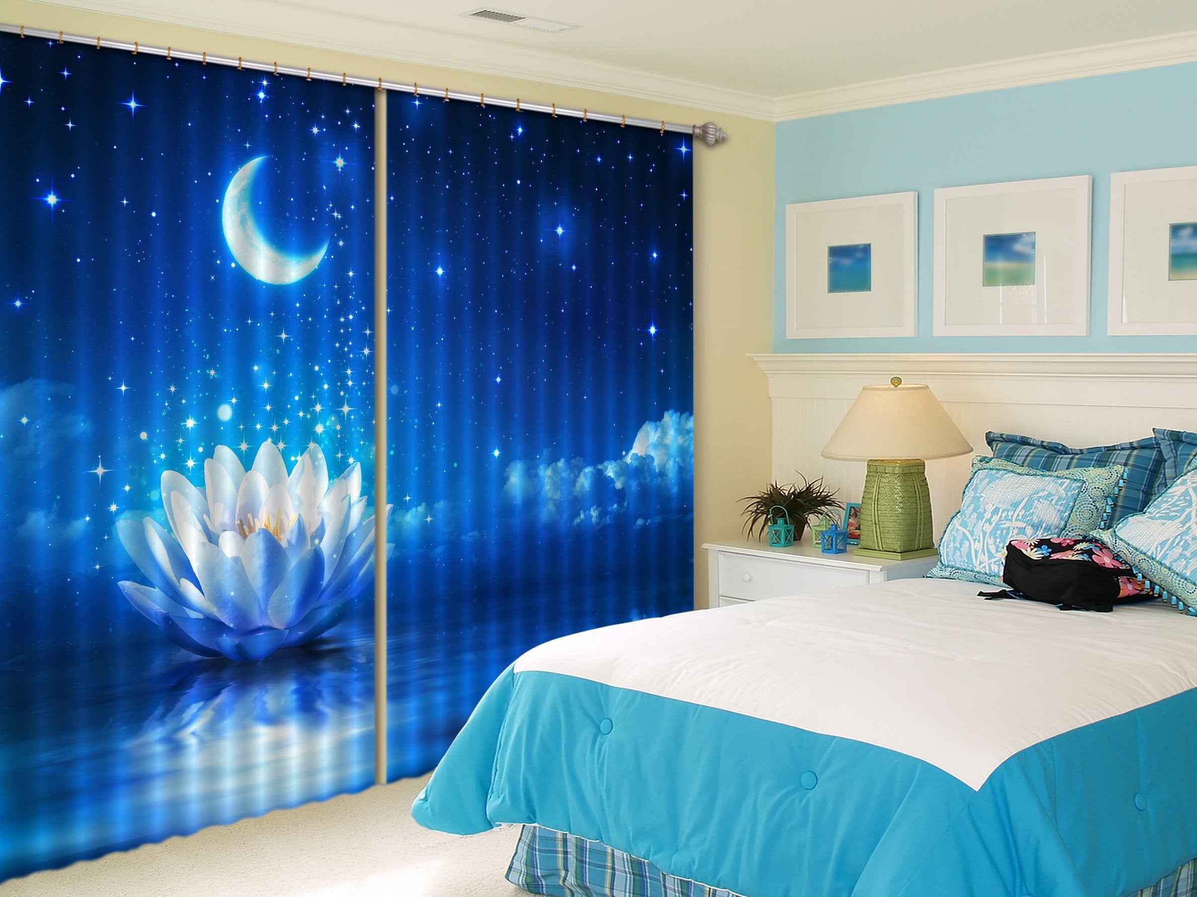 3D Sea Lotus Stars Sky Curtains Drapes Wallpaper AJ Wallpaper 