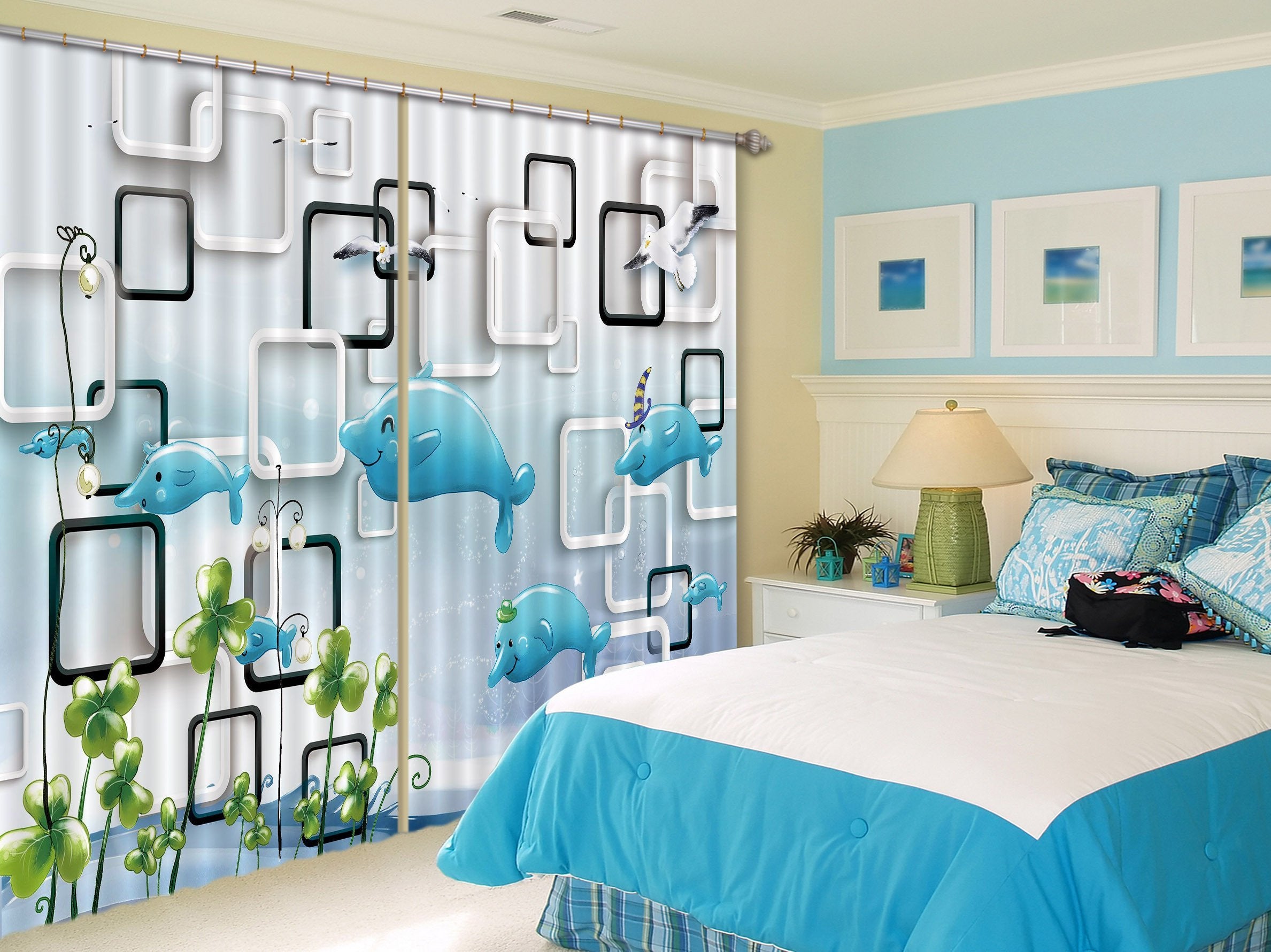 3D Cute Dolphins Curtains Drapes Wallpaper AJ Wallpaper 