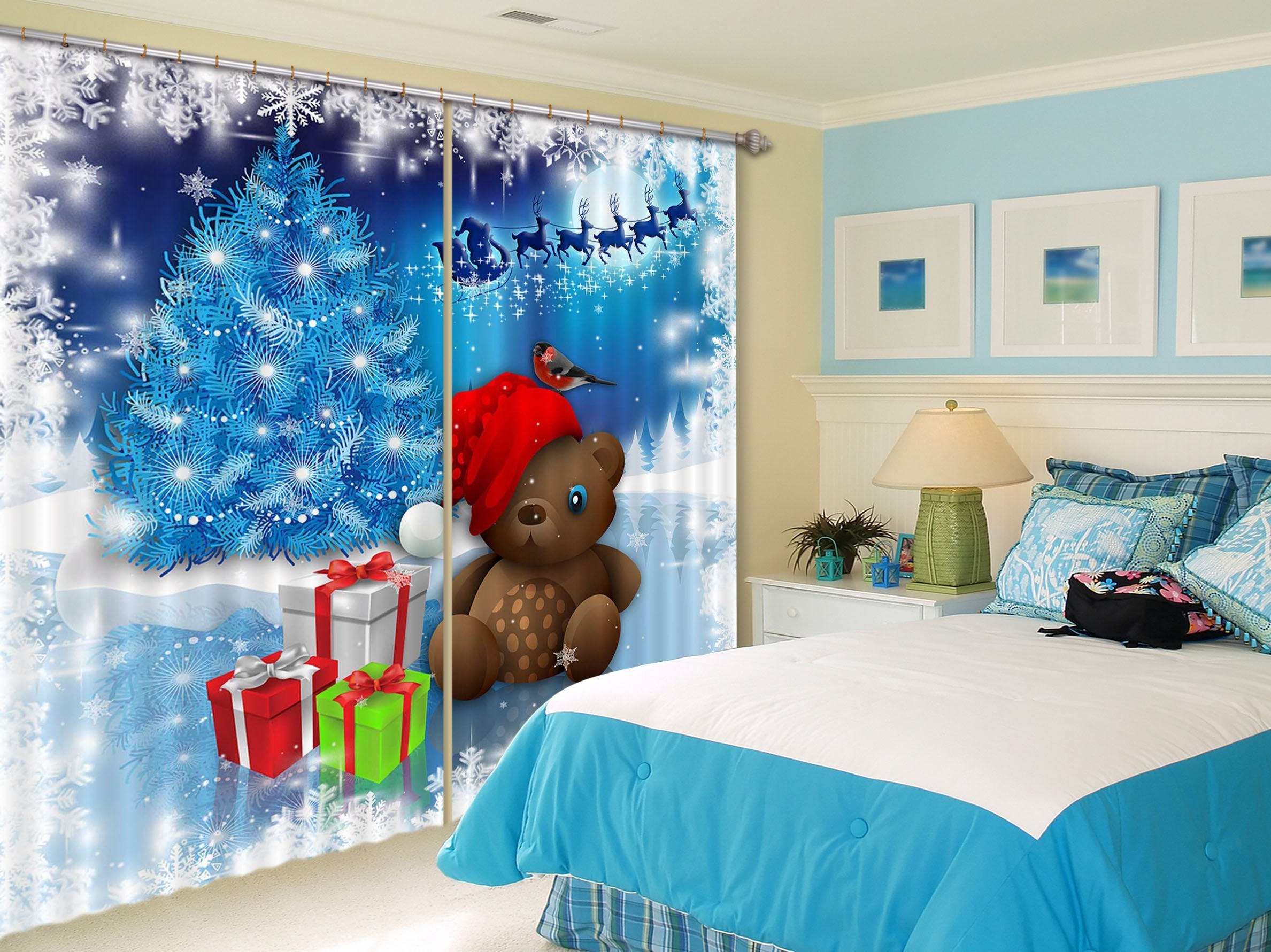 3D Snow Bear Gift 85 Curtains Drapes Curtains AJ Creativity Home 