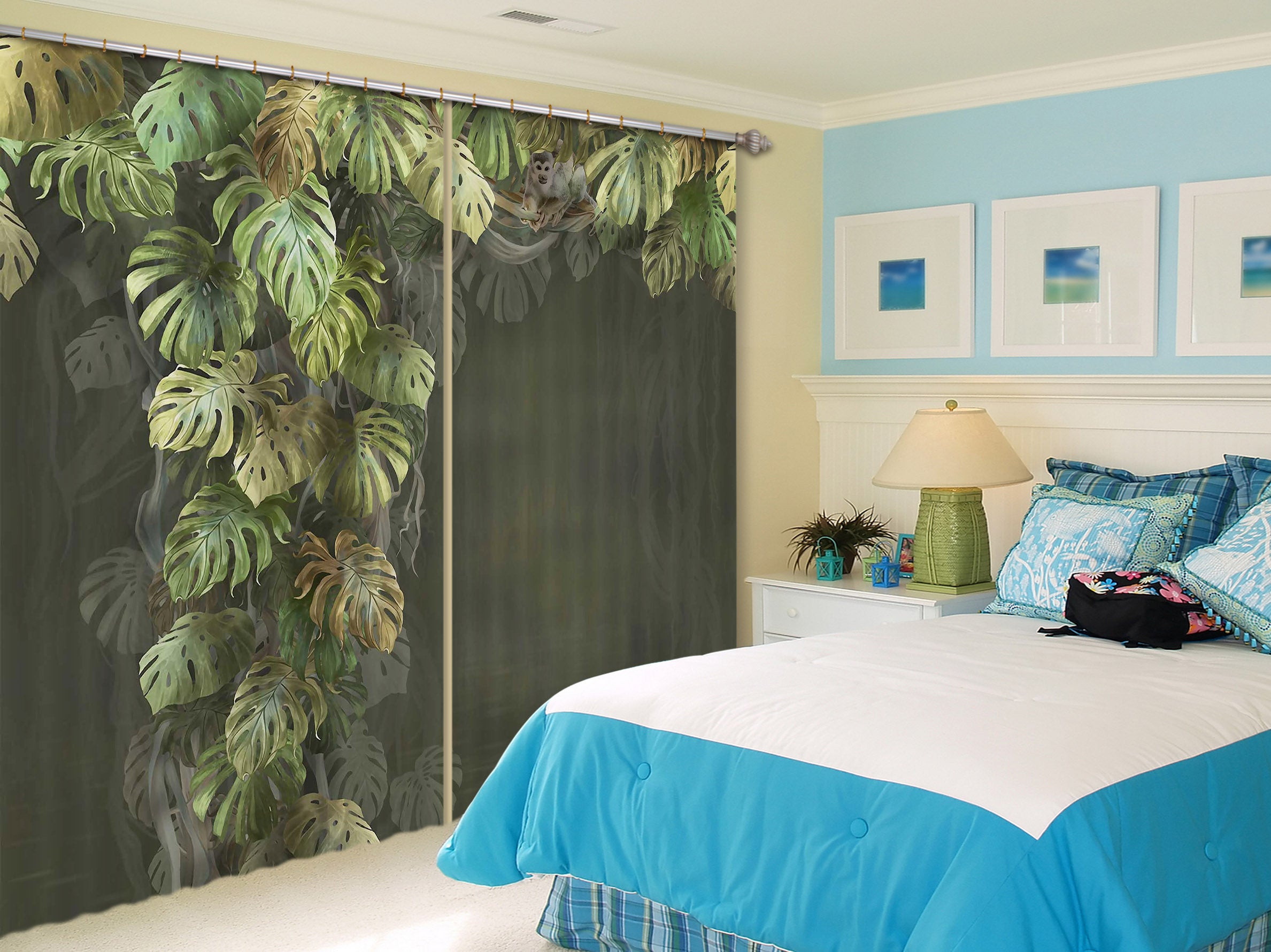 3D Night Leaves 753 Curtains Drapes