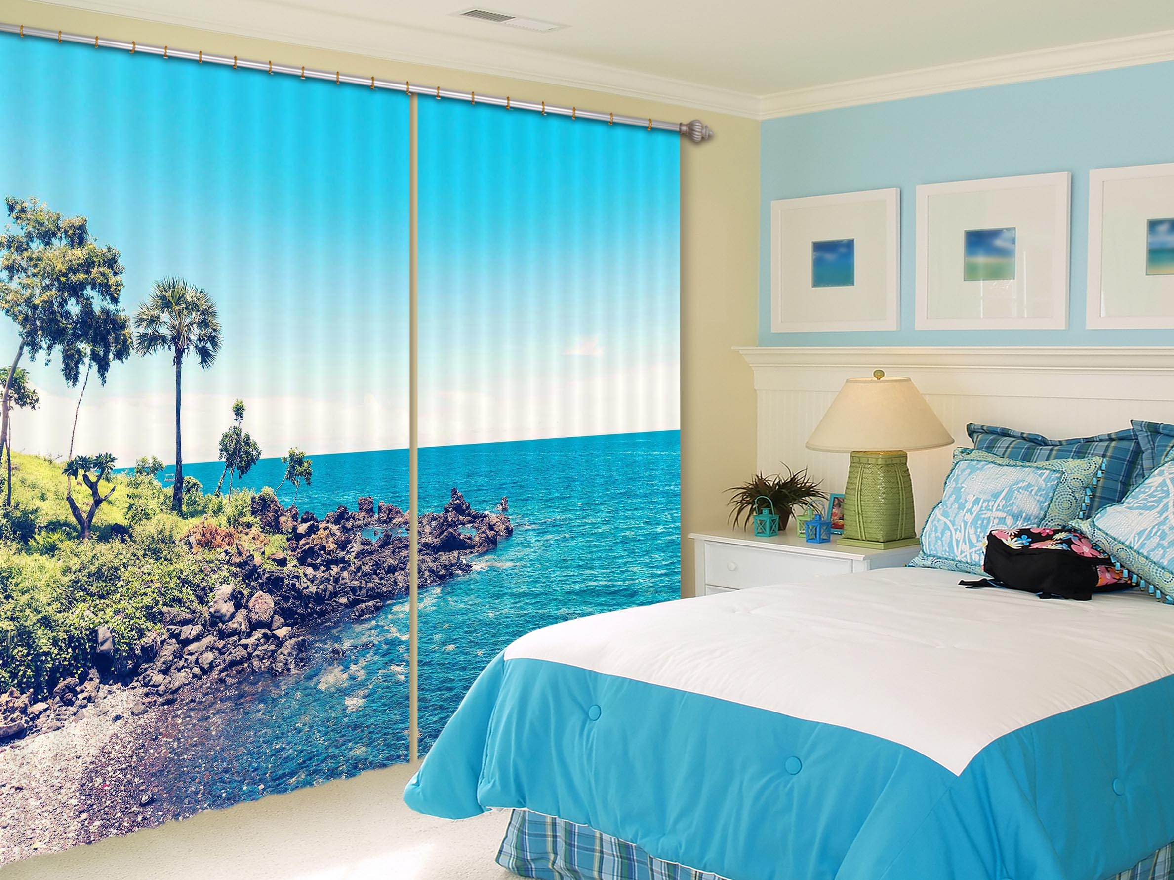 3D Blue Island 827 Curtains Drapes