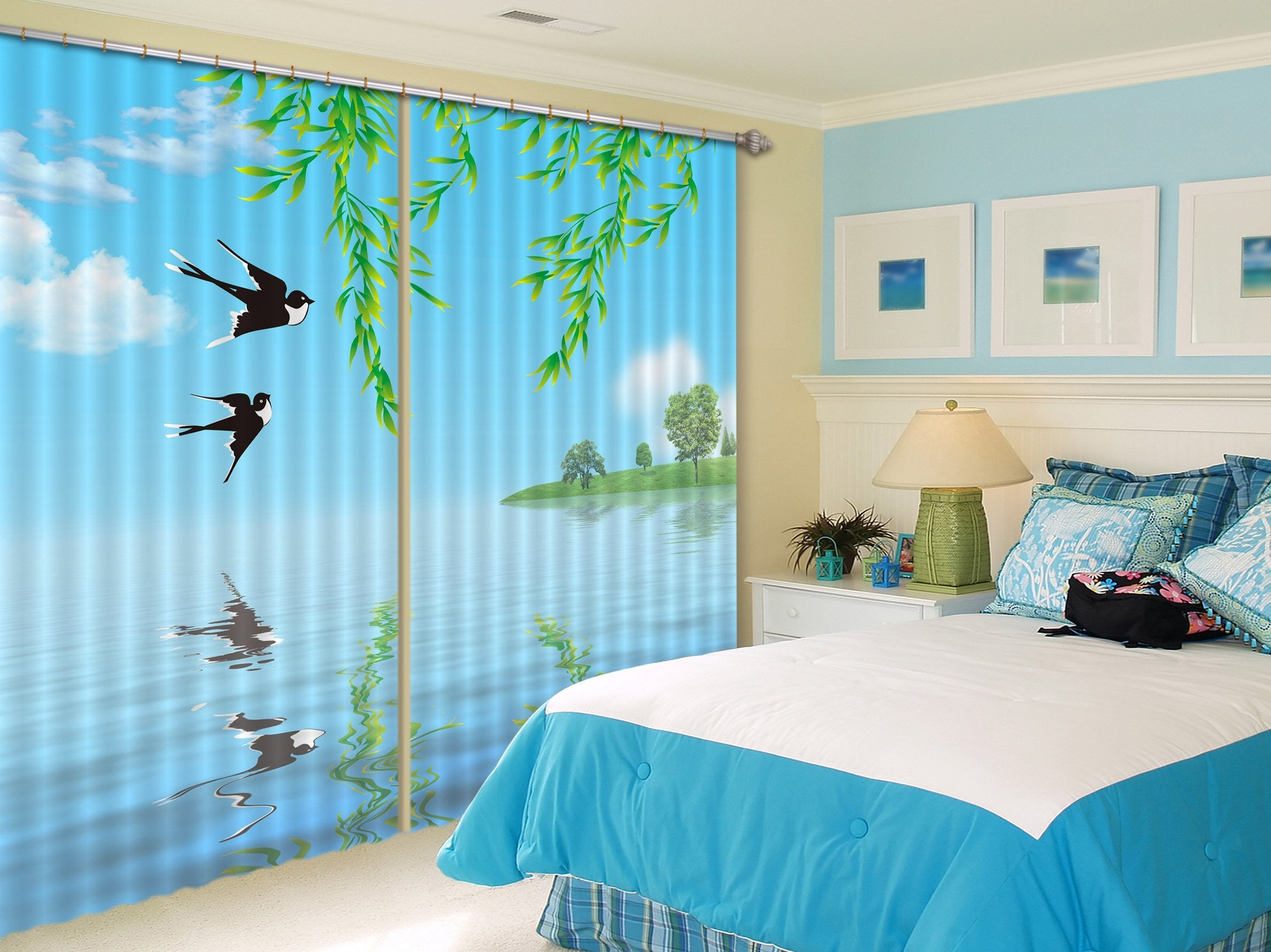 3D Lake Flying Swallows 160 Curtains Drapes Wallpaper AJ Wallpaper 
